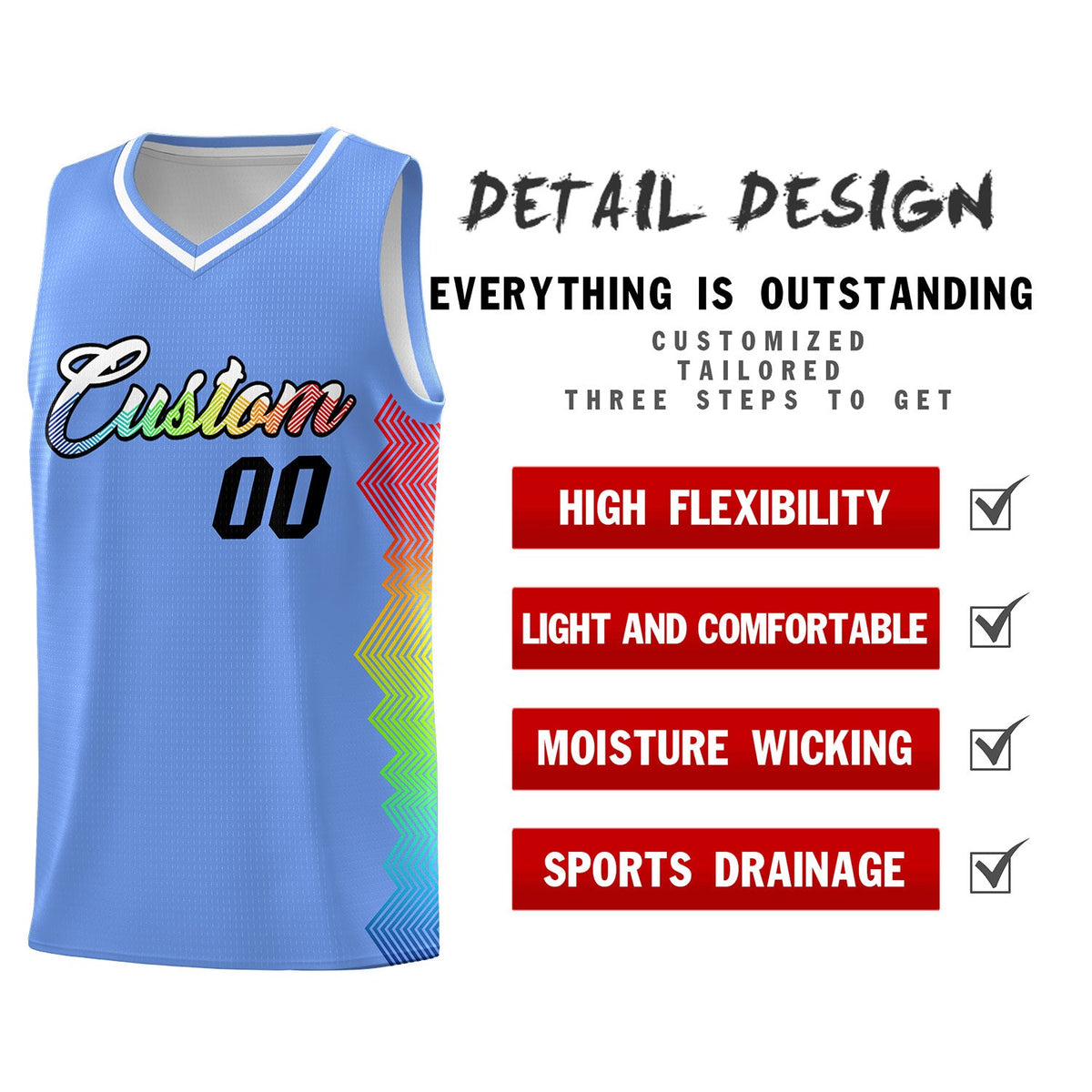 Custom Light Blue Denver Nuggets Rainbow Side Sports Uniform Basketball Jersey