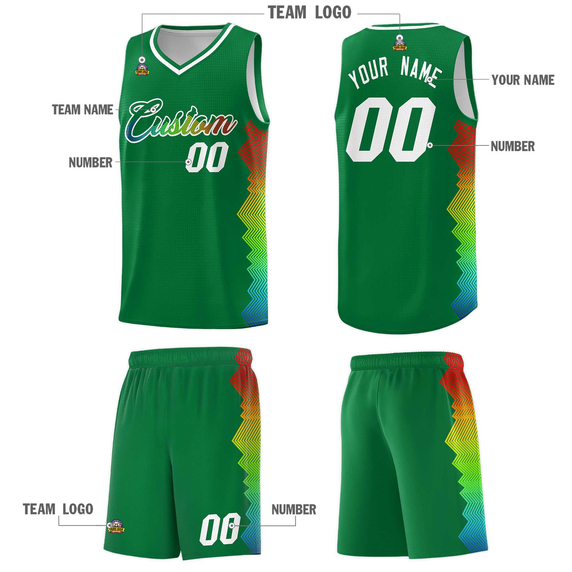 Custom Kelly Green Denver Nuggets Rainbow Side Sports Uniform Basketball Jersey