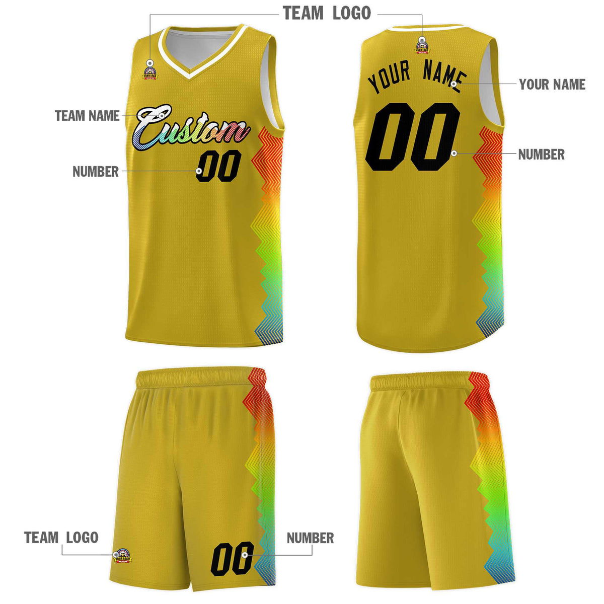 Custom Old Gold Denver Nuggets Rainbow Side Sports Uniform Basketball Jersey