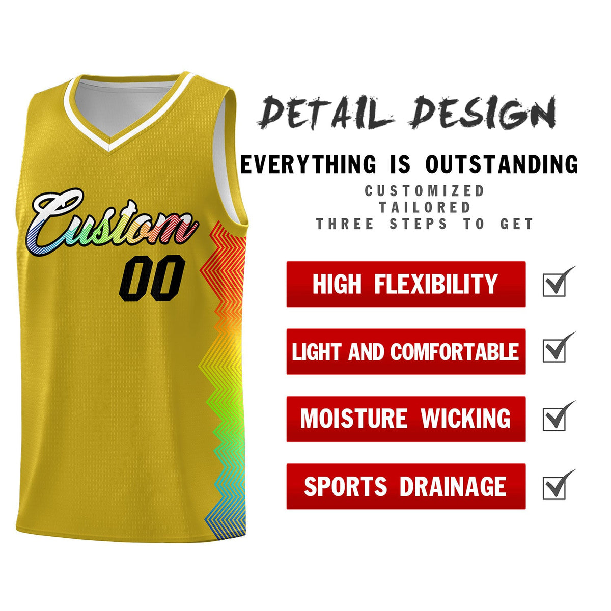 Custom Old Gold Denver Nuggets Rainbow Side Sports Uniform Basketball Jersey