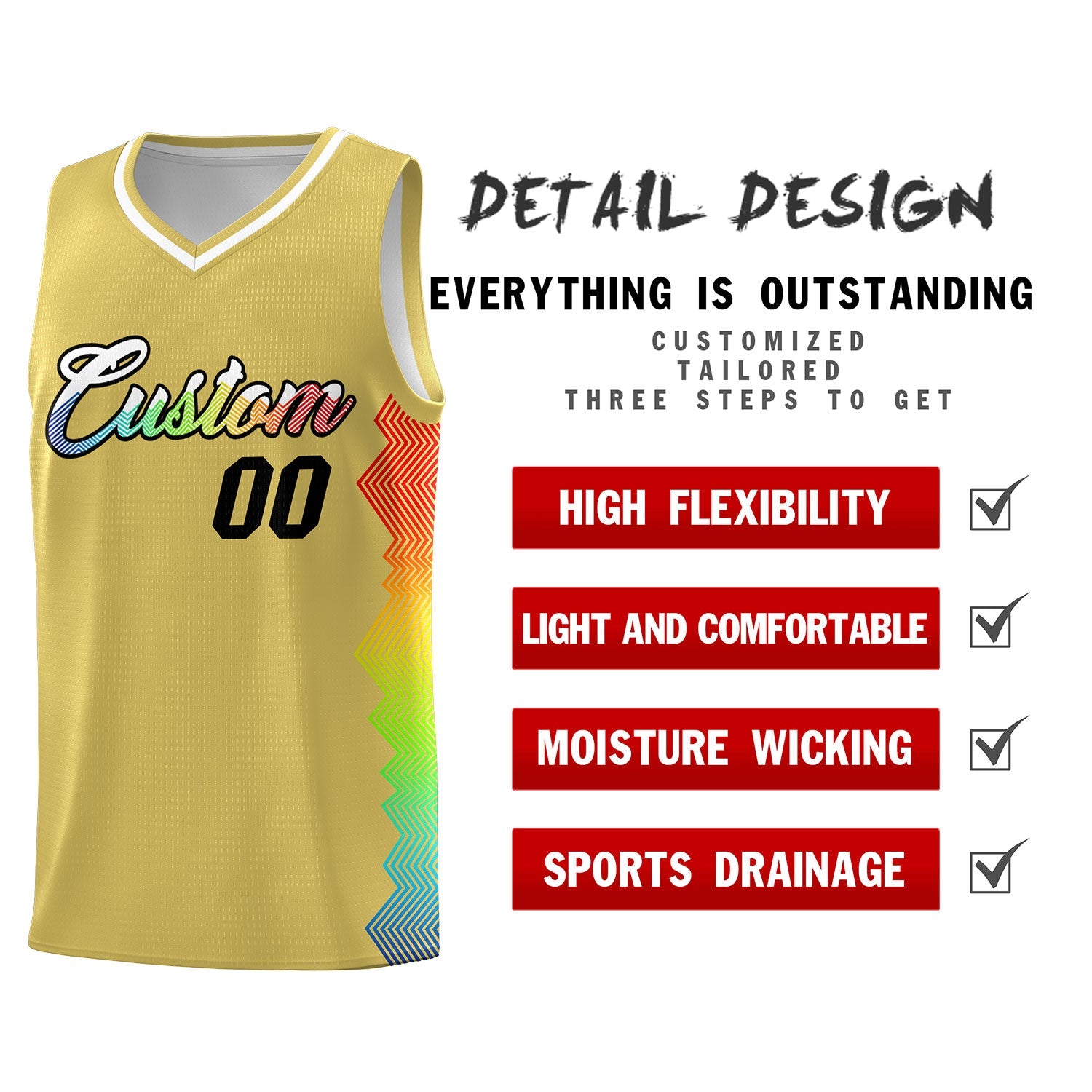 Custom Old Gold Denver Nuggets Rainbow Side Sports Uniform Basketball Jersey