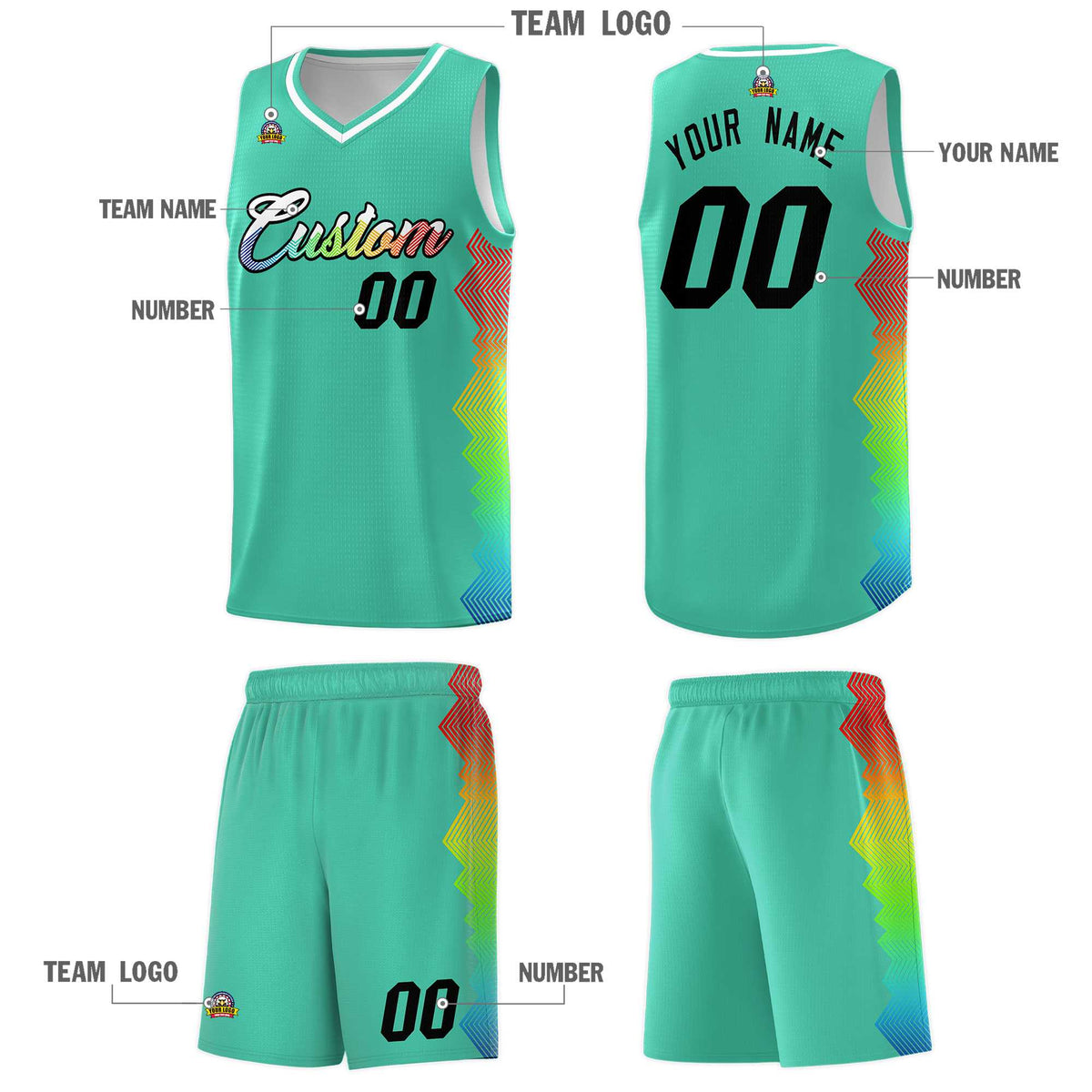 Custom Bright Green Denver Nuggets Rainbow Side Sports Uniform Basketball Jersey