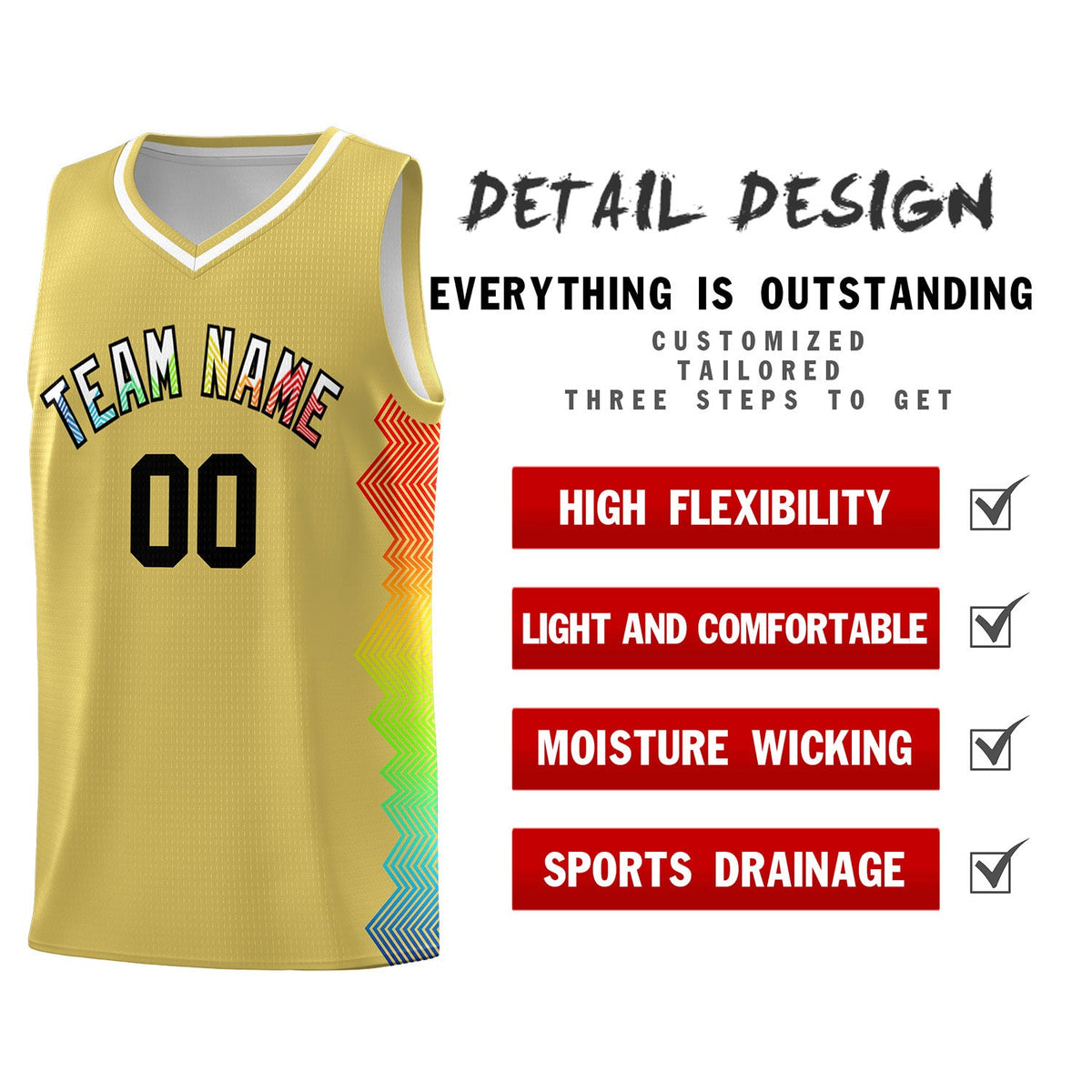 Custom Old Gold Denver Nuggets Rainbow Side Sports Uniform Basketball Jersey