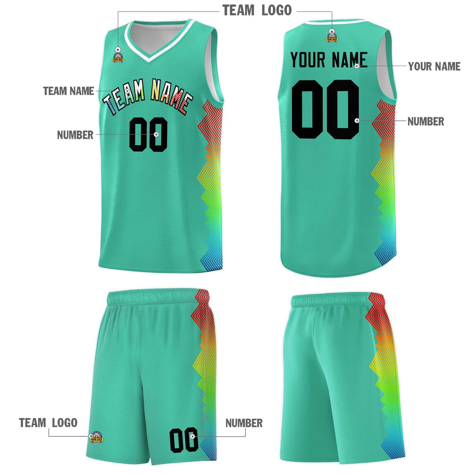 Custom Bright Green Denver Nuggets Rainbow Side Sports Uniform Basketball Jersey