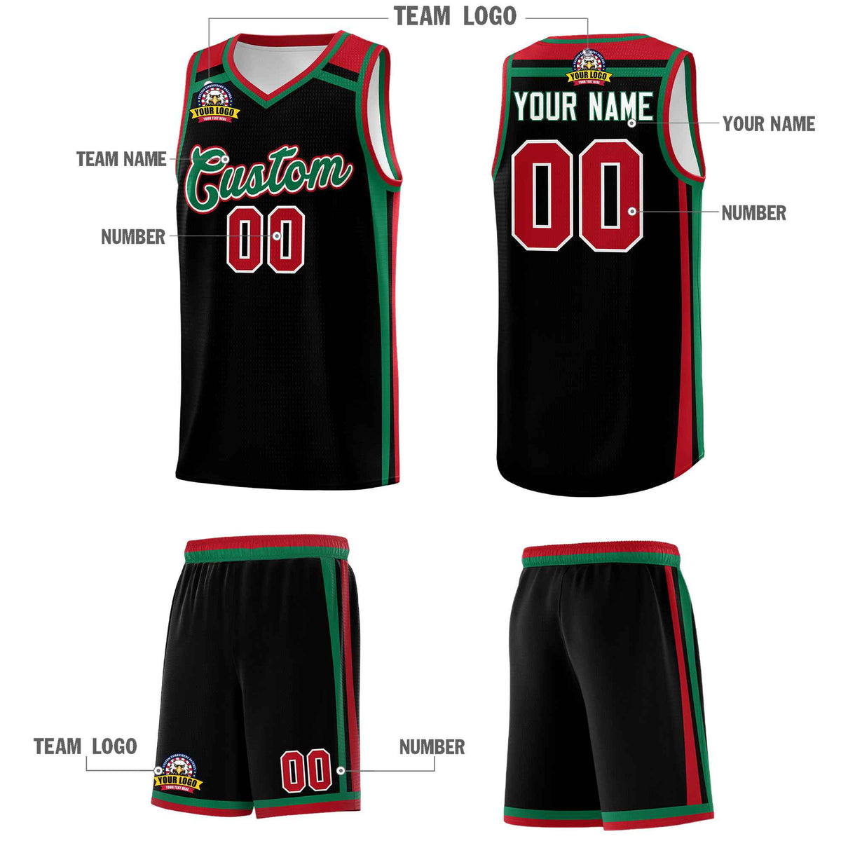 Custom Black Kelly Green Red Trendy Color Charge Series Sports Uniform Basketball Jersey| KXKSHOP