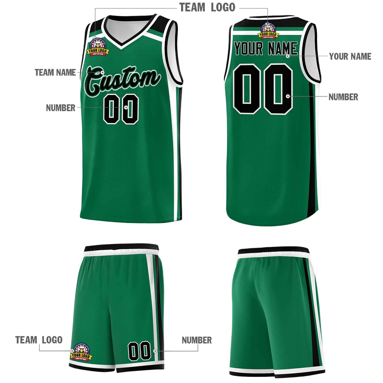Custom Kelly Green Black White Trendy Color Charge Series Sports Uniform Basketball Jersey| KXKSHOP