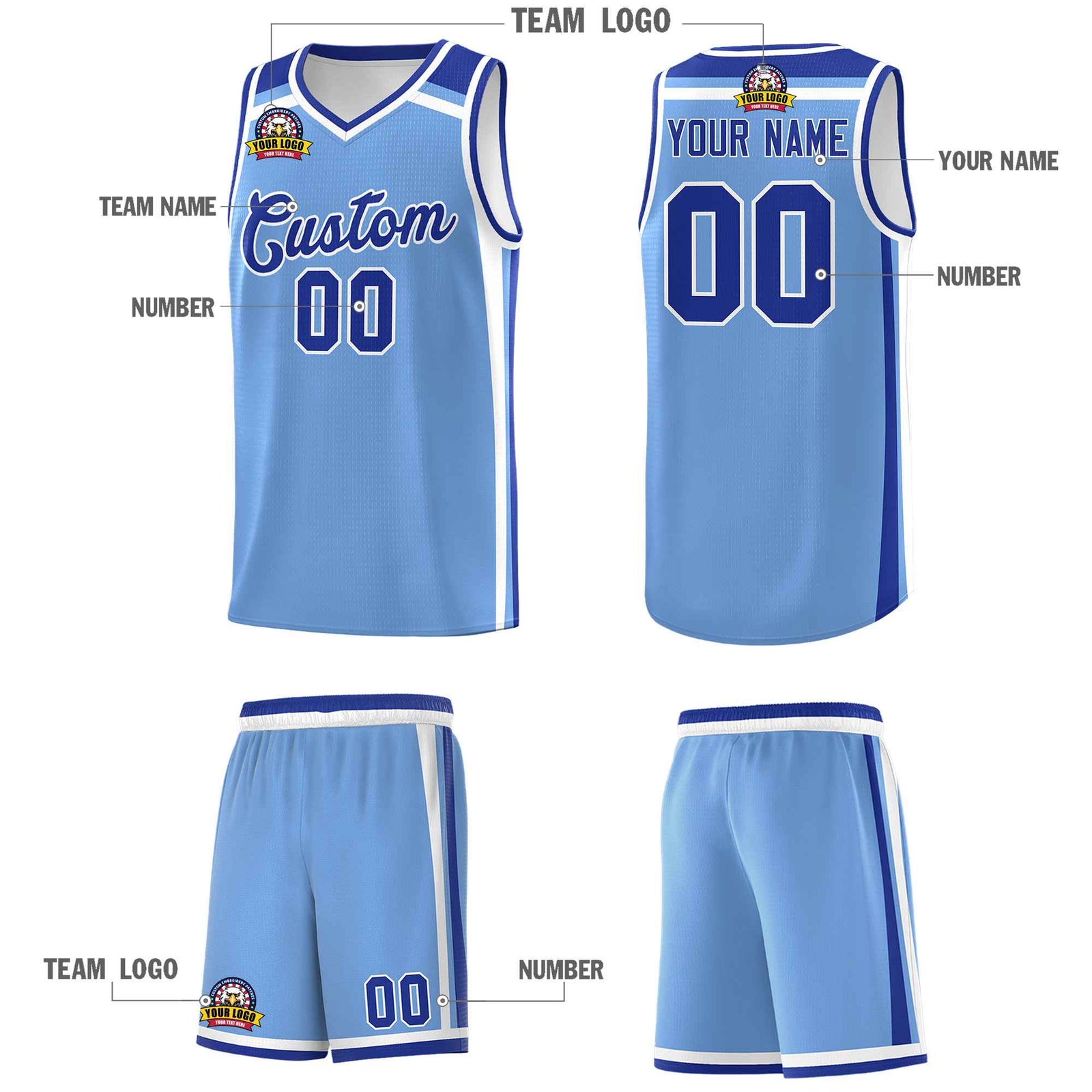 Custom Light Blue Royal Blue White Trendy Color Charge Series Sports Uniform Basketball Jersey| KXKSHOP