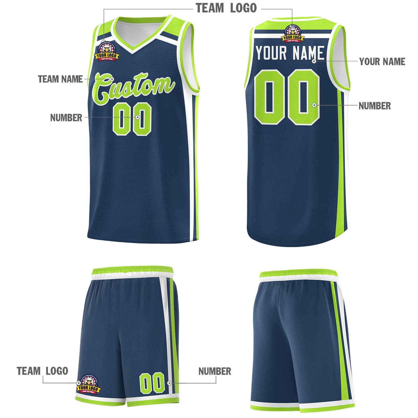 Custom Midnight Blue Neon Green White Trendy Color Charge Series Sports Uniform Basketball Jersey| KXKSHOP