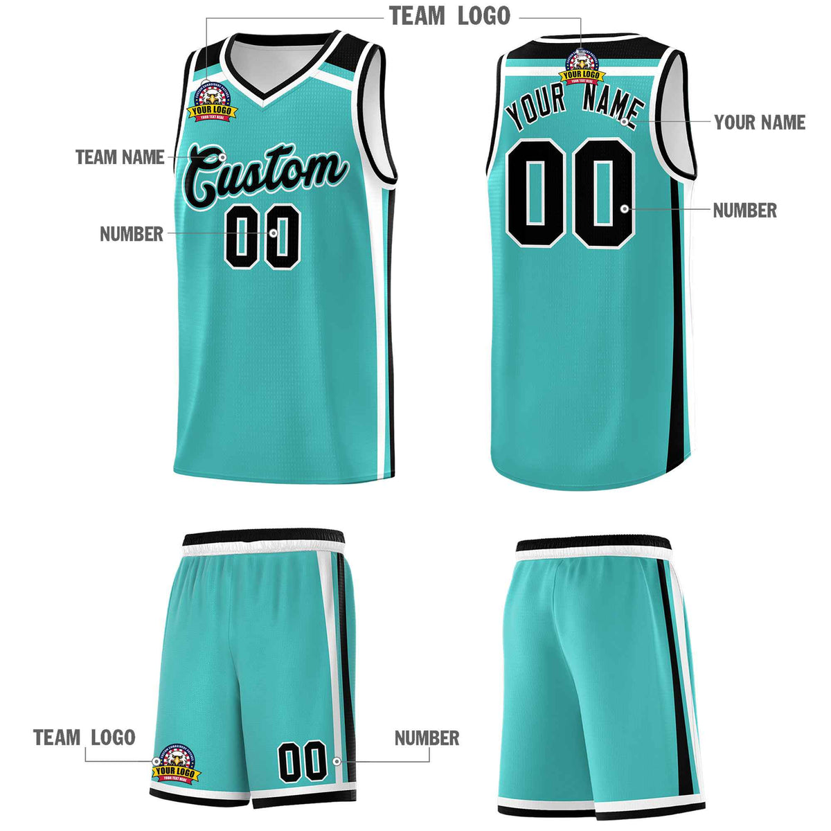 Custom Teal White Black Trendy Color Charge Series Sports Uniform Basketball Jersey