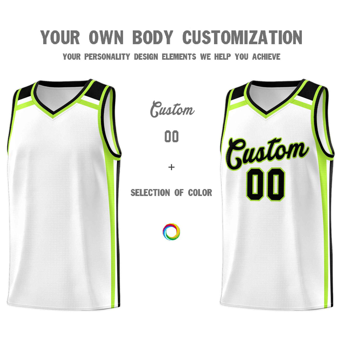 Custom White Black Neon Green Trendy Color Charge Series Sports Uniform Basketball Jersey