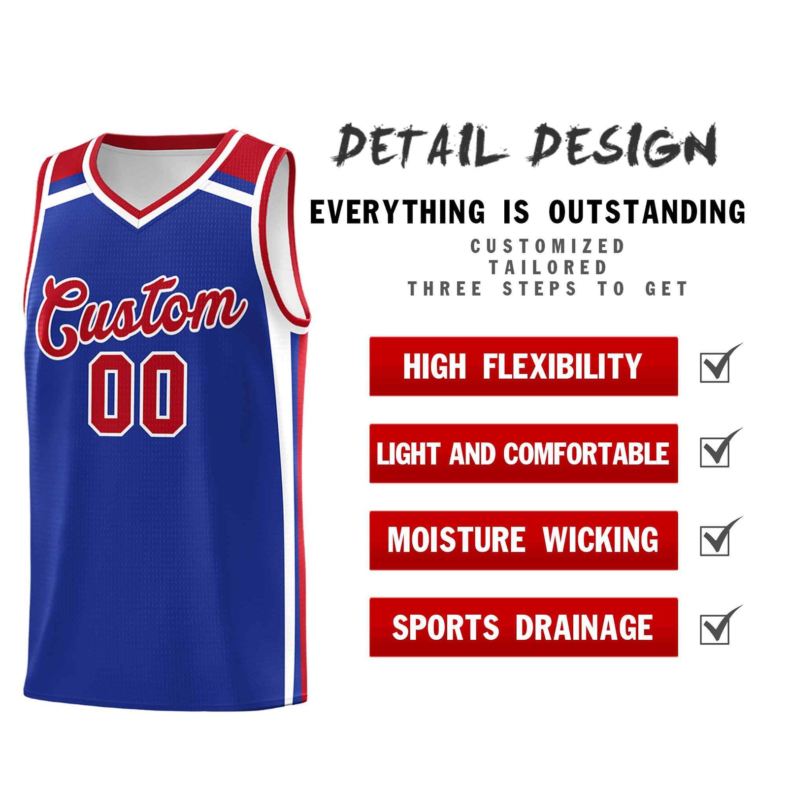 Custom Royal Blue Red White Trendy Color Charge Series Sports Uniform Basketball Jersey