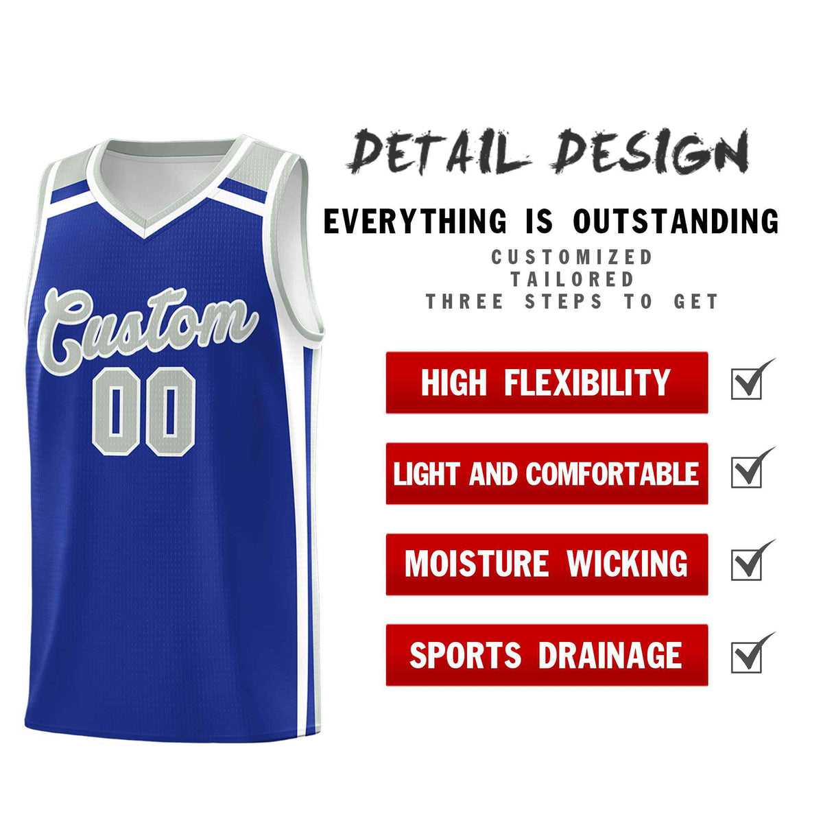 Custom Royal Blue White Gray Trendy Color Charge Series Sports Uniform Basketball Jersey