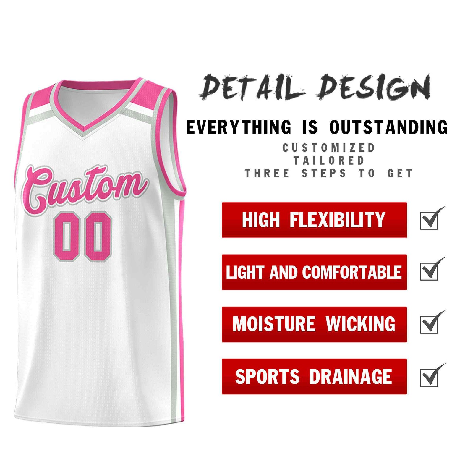 Custom White Gray Pink Trendy Color Charge Series Sports Uniform Basketball Jersey