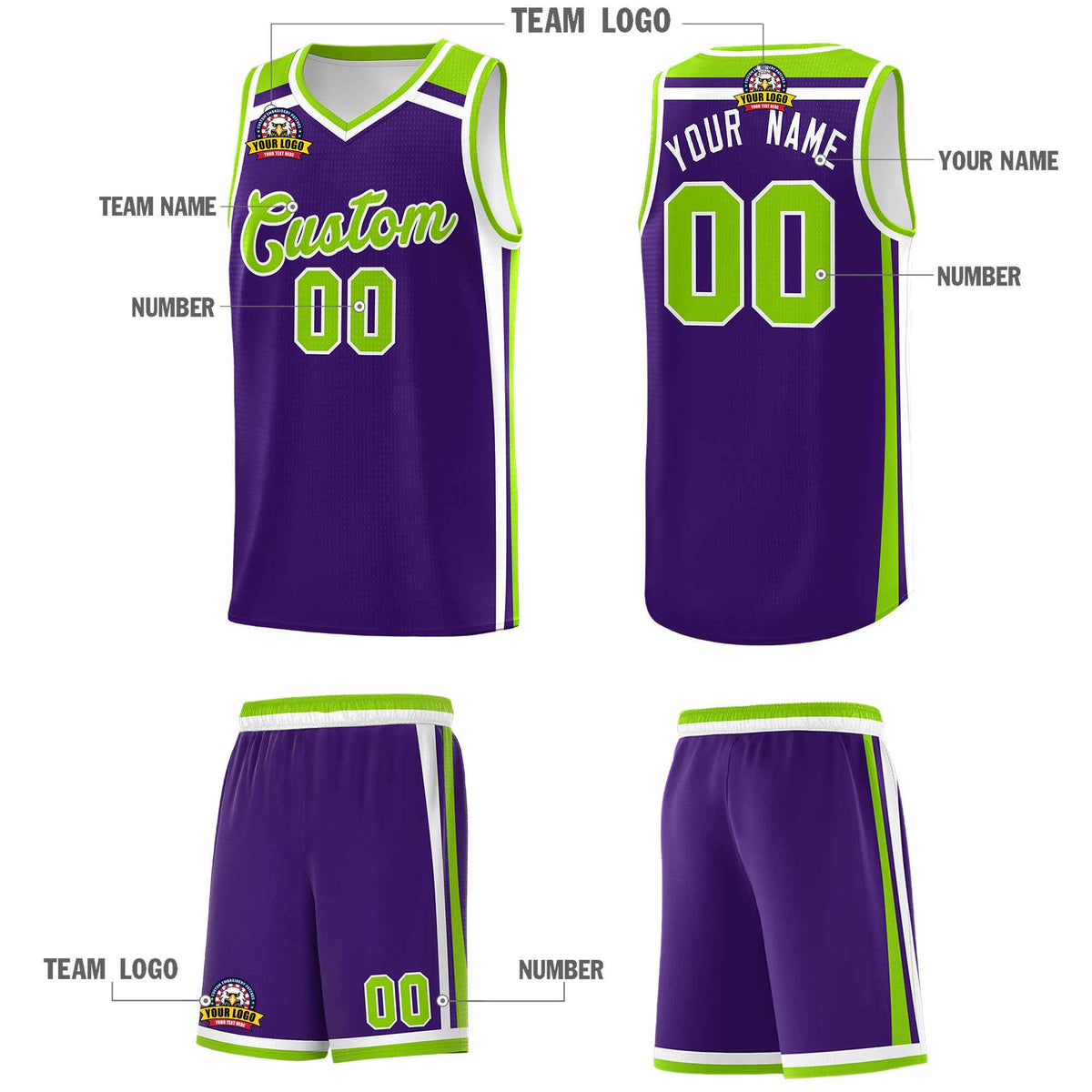 Custom Purple Neon Green White Trendy Color Charge Series Sports Uniform Basketball Jersey