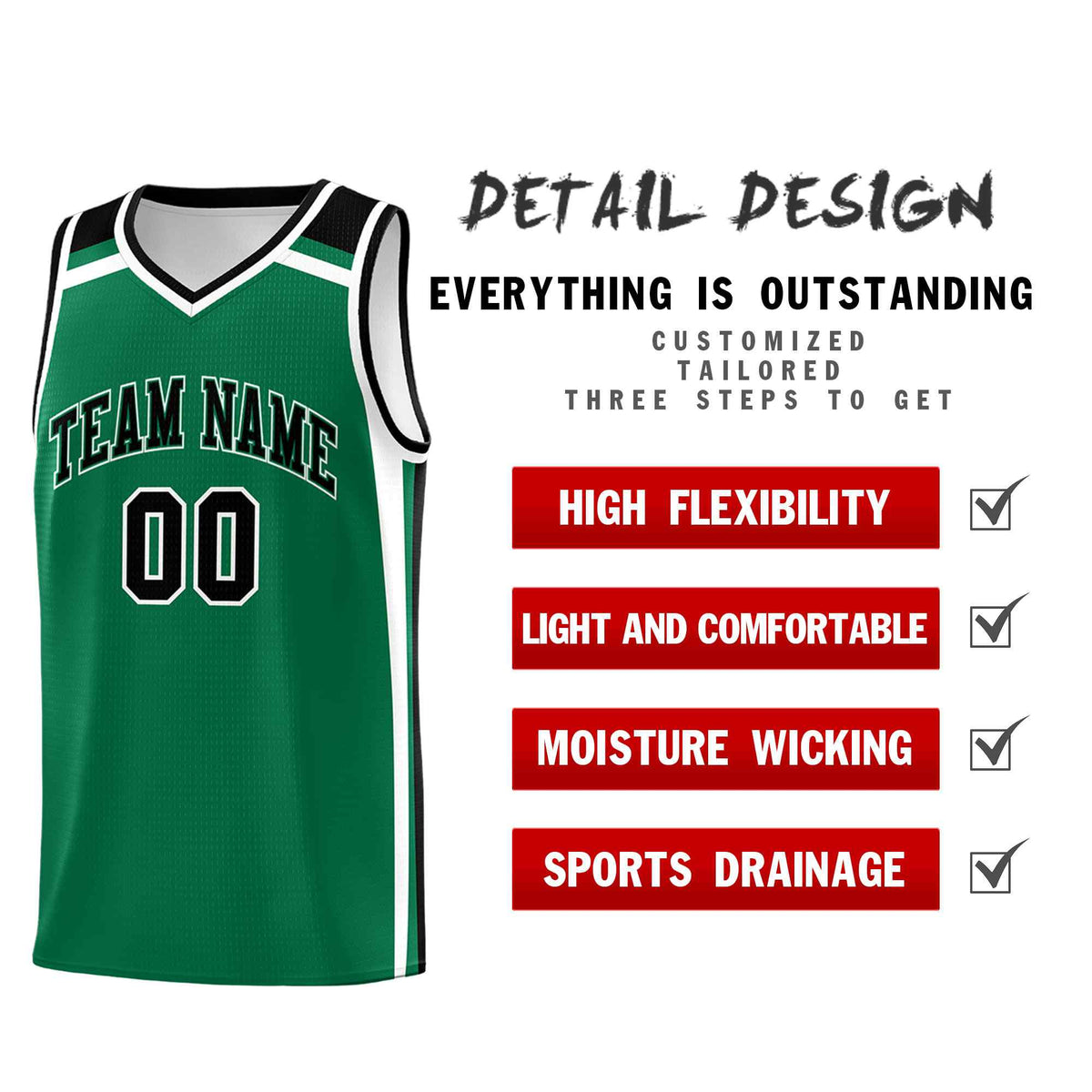 Custom Kelly Green Black White Trendy Color Charge Series Sports Uniform Basketball Jersey