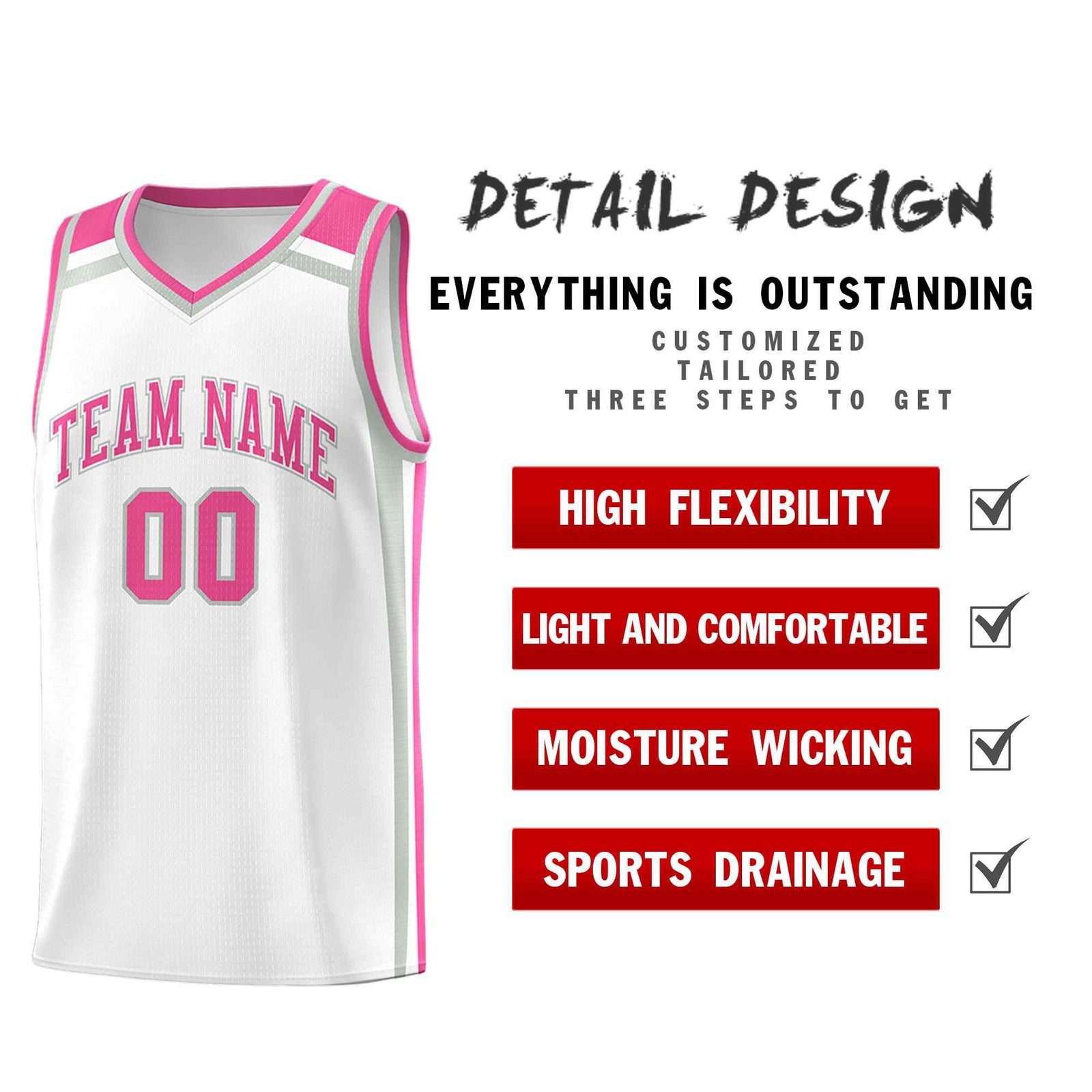 Custom White Gray Pink Trendy Color Charge Series Sports Uniform Basketball Jersey