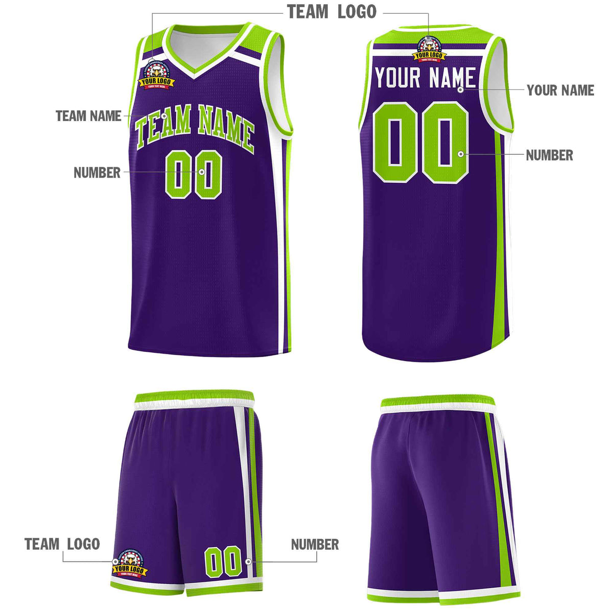 Custom Purple Neon Green White Trendy Color Charge Series Sports Uniform Basketball Jersey