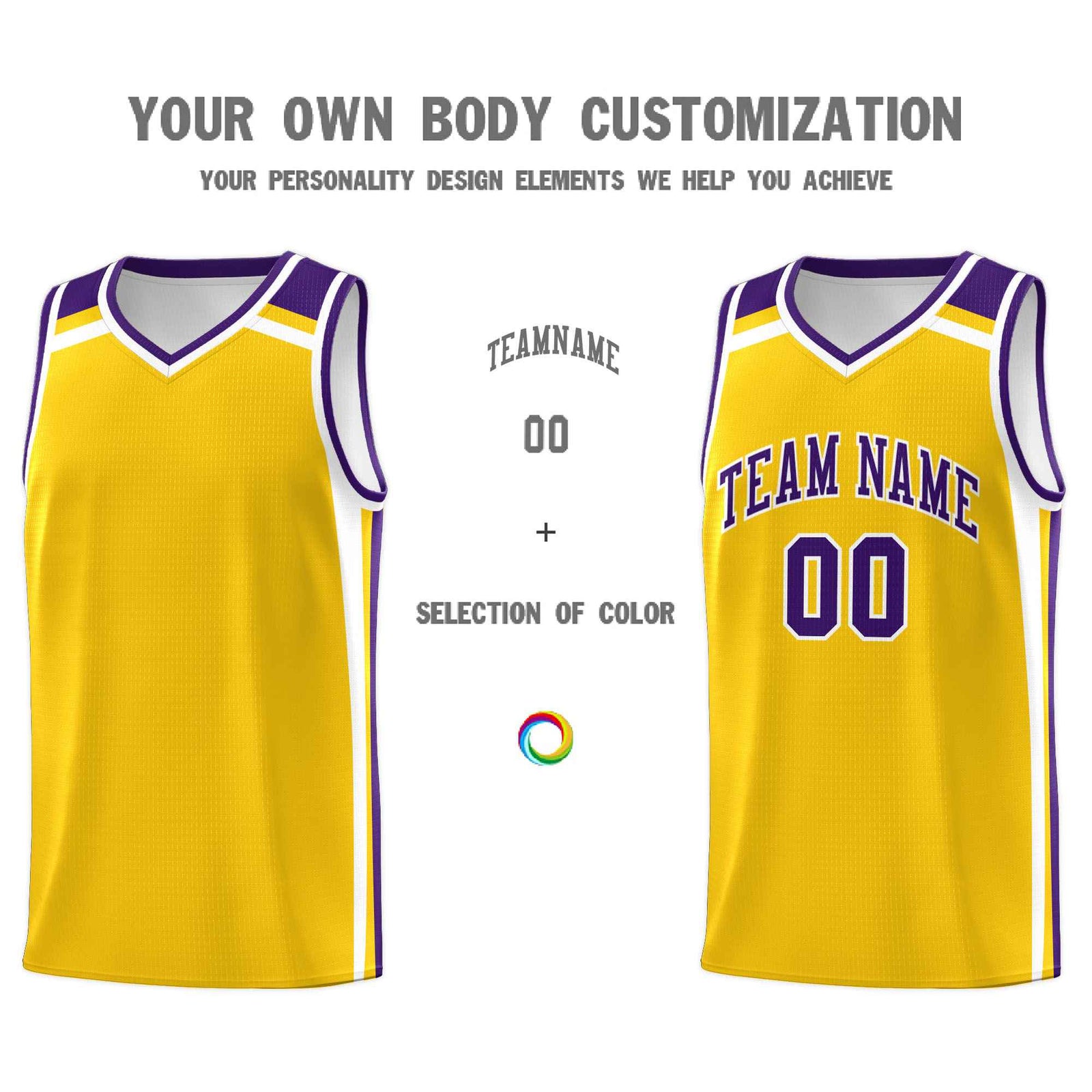 Custom Gold Purple White Trendy Color Charge Series Sports Uniform Basketball Jersey