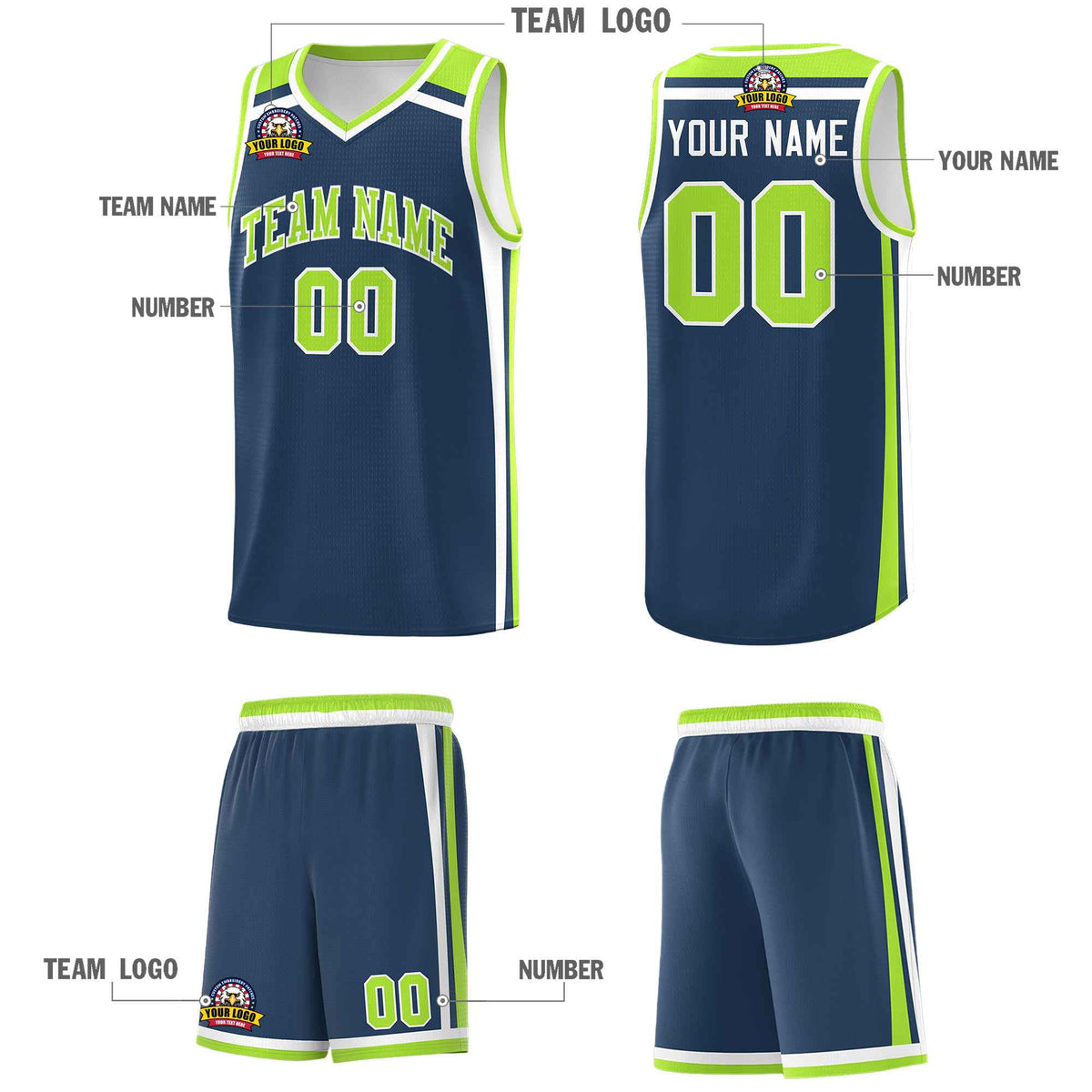 Custom Midnight Blue Neon Green White Trendy Color Charge Series Sports Uniform Basketball Jersey
