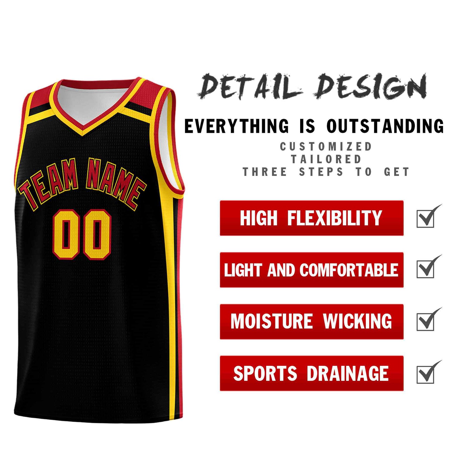 Custom Black Gold Red Trendy Color Charge Series Sports Uniform Basketball Jersey
