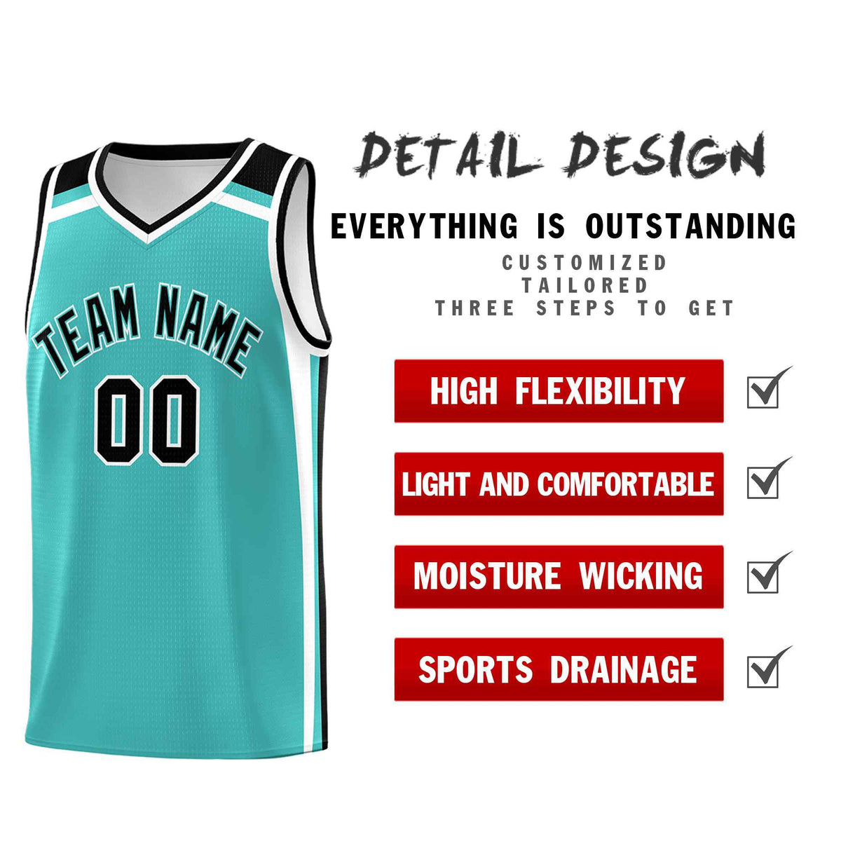 Custom Teal White Black Trendy Color Charge Series Sports Uniform Basketball Jersey