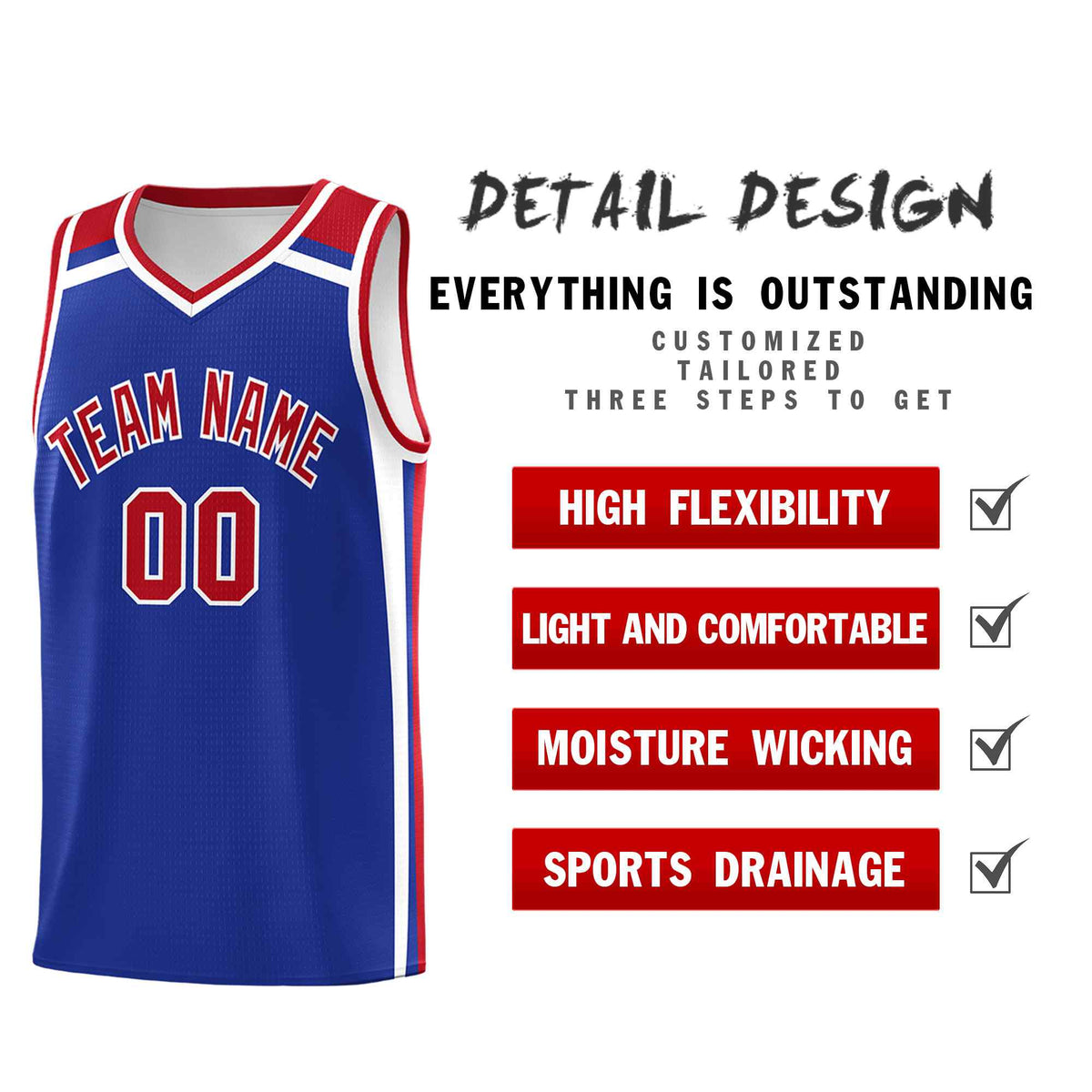 Custom Royal Blue Red White Trendy Color Charge Series Sports Uniform Basketball Jersey