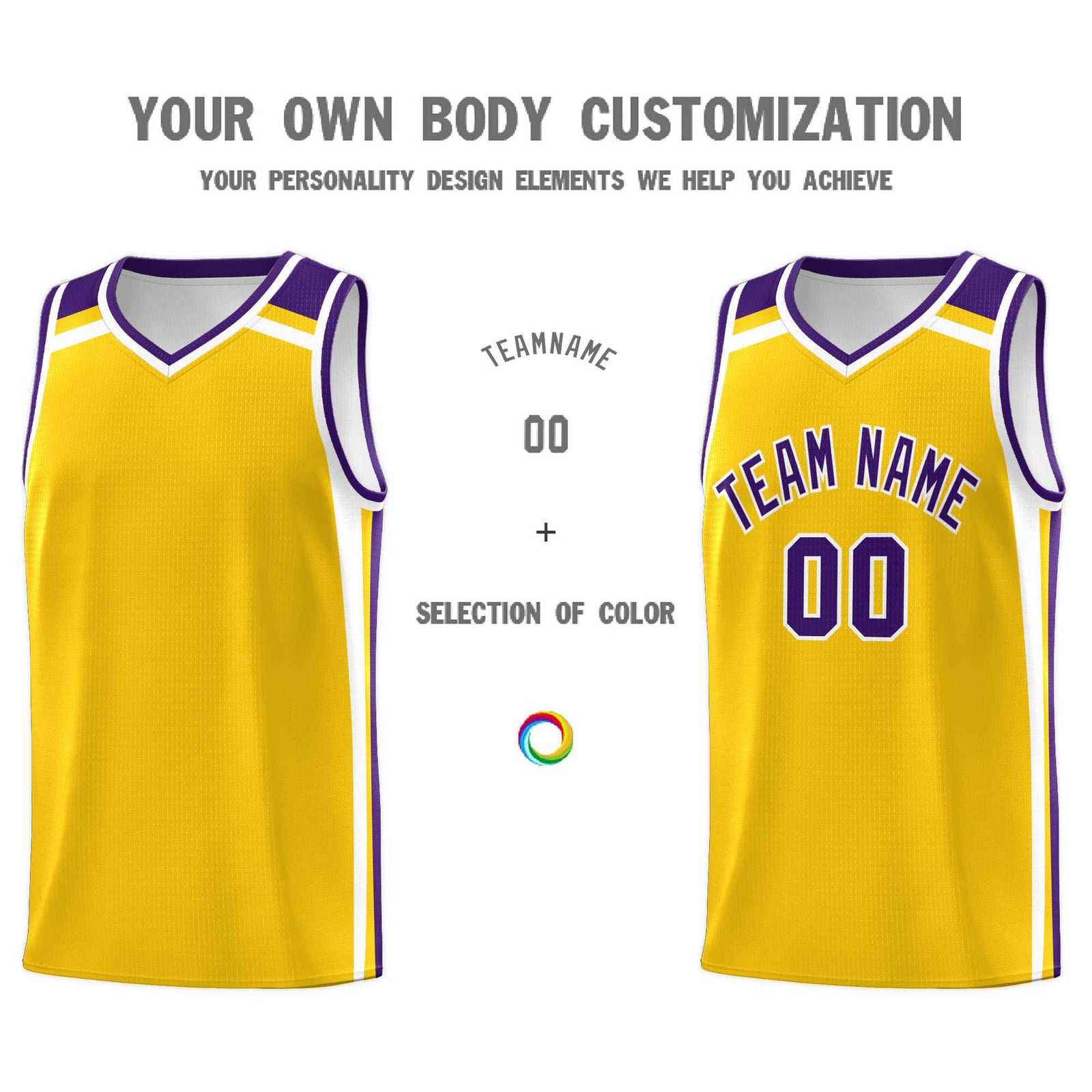 Custom Gold Purple White Trendy Color Charge Series Sports Uniform Basketball Jersey