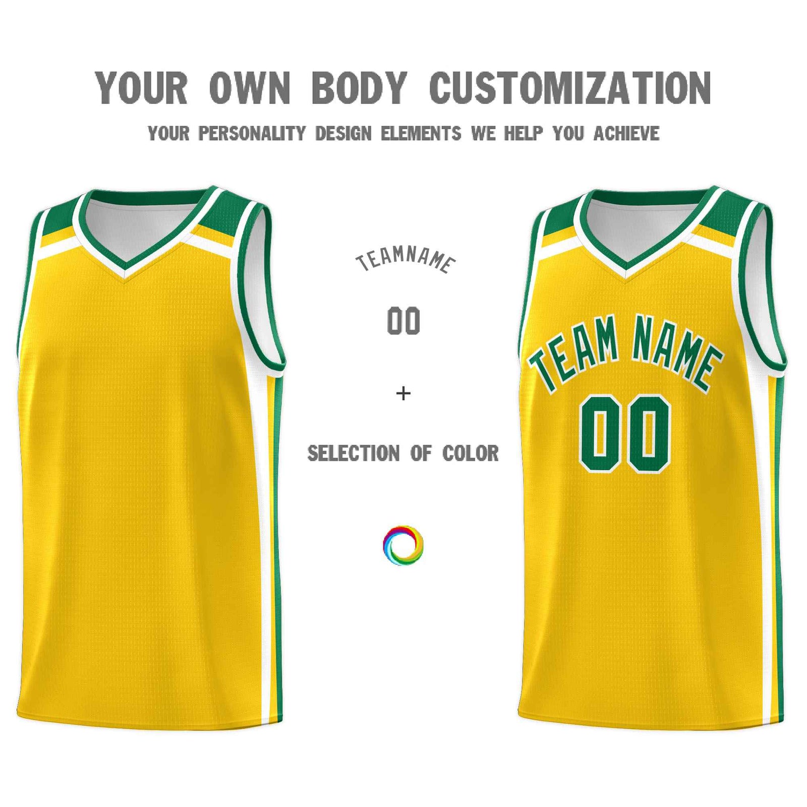 Custom Gold Kelly Green White Trendy Color Charge Series Sports Uniform Basketball Jersey