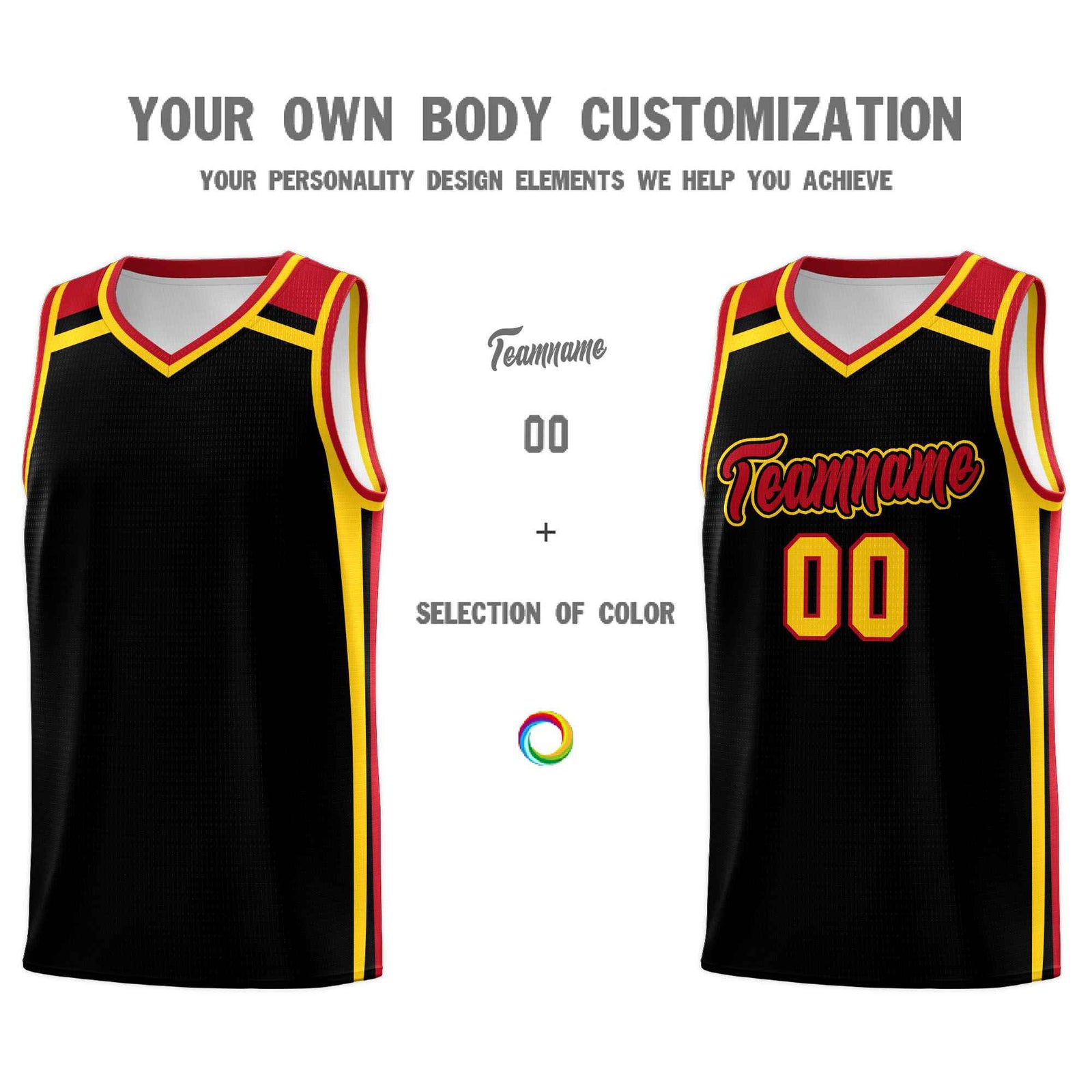 Custom Black Gold Red Trendy Color Charge Series Sports Uniform Basketball Jersey