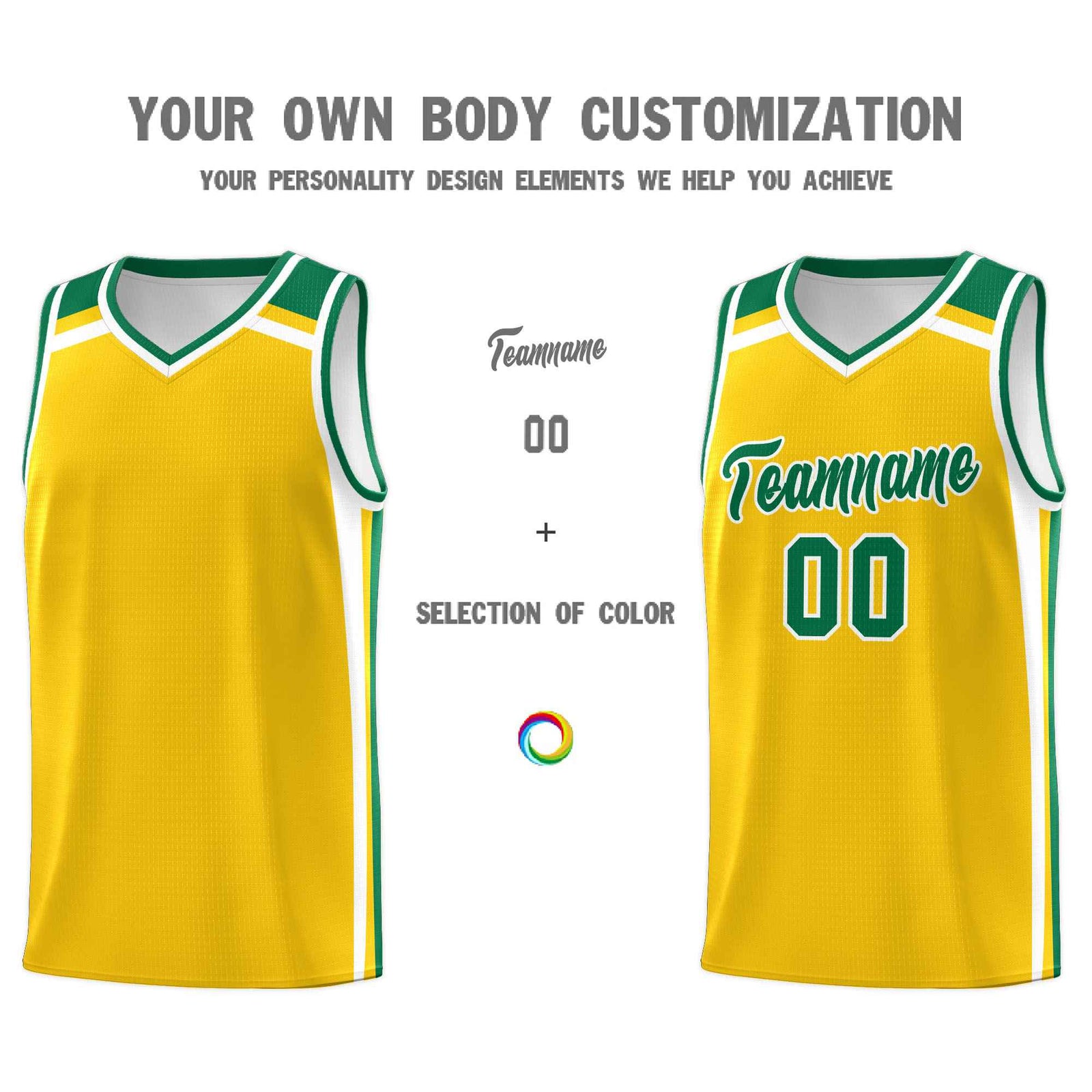 Custom Gold Kelly Green White Trendy Color Charge Series Sports Uniform Basketball Jersey