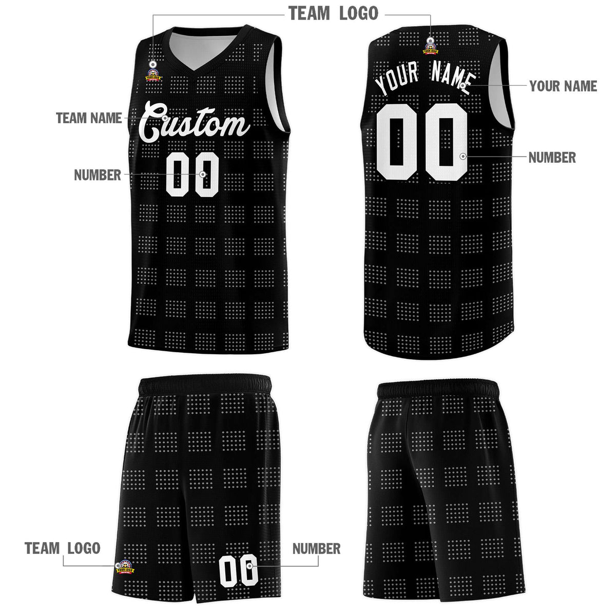 Custom Black White Trailblazer Dot Pattern Sports Uniform Basketball Jersey