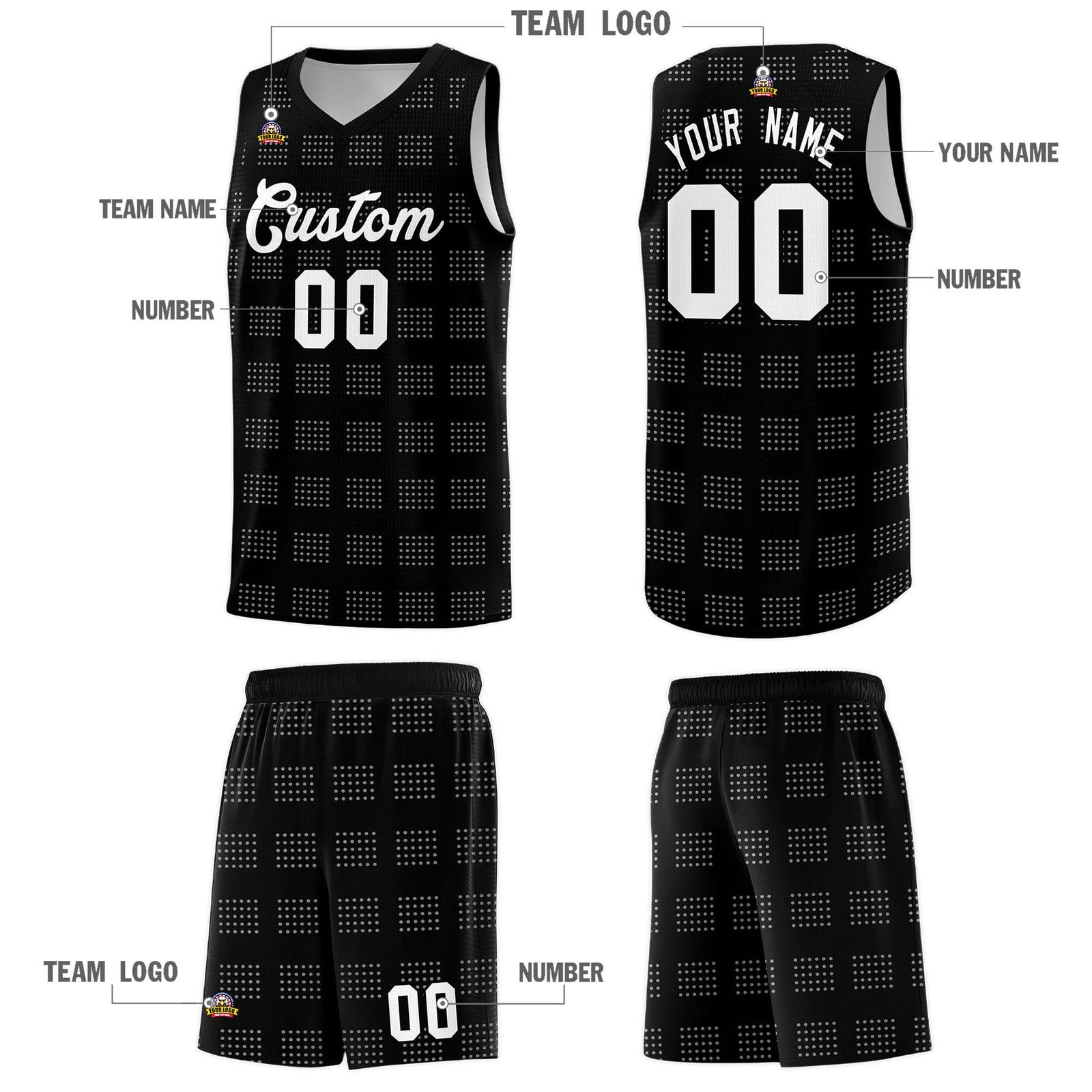Custom Black White Trailblazer Dot Pattern Sports Uniform Basketball Jersey