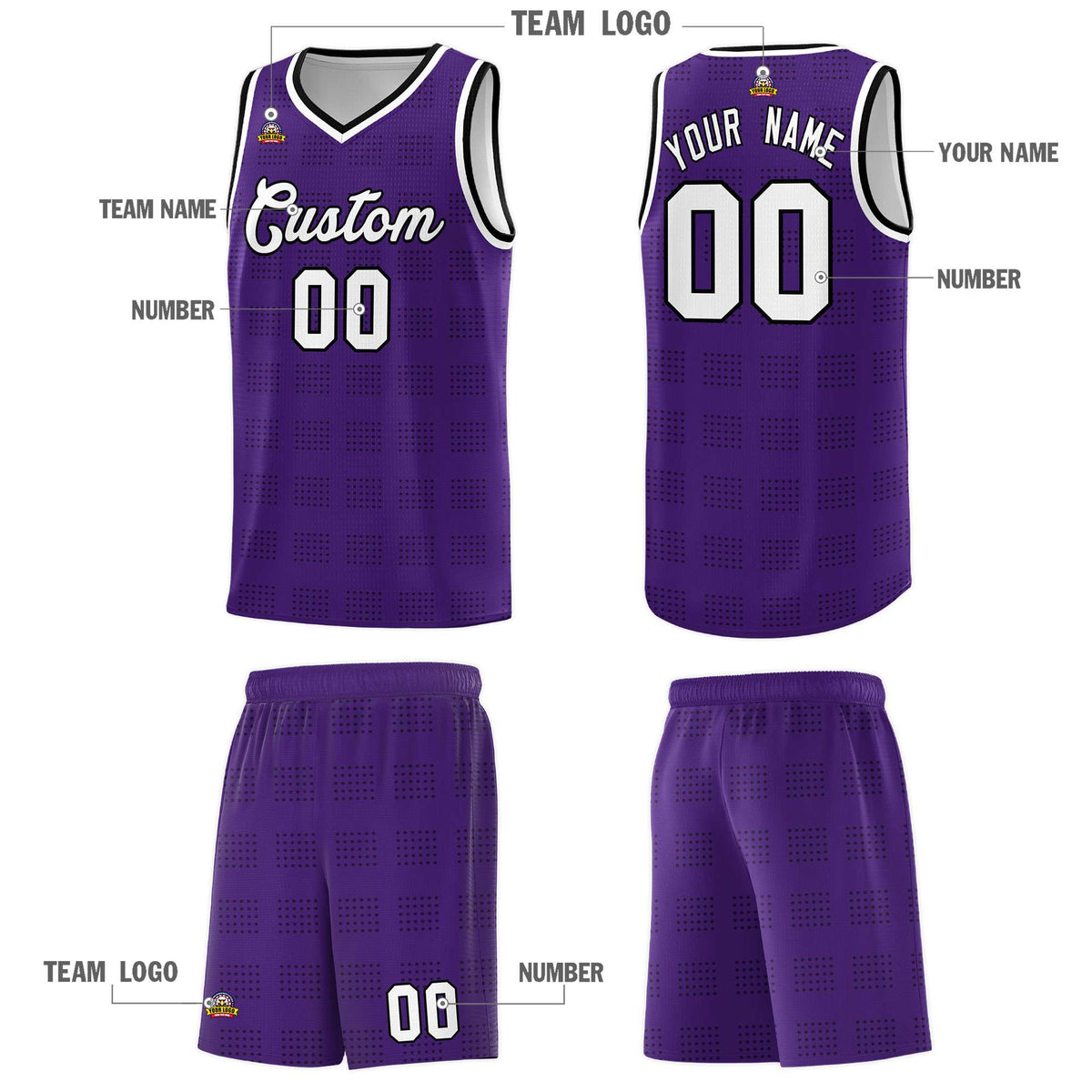 Custom Purple Black Trailblazer Dot Pattern Sports Uniform Basketball Jersey