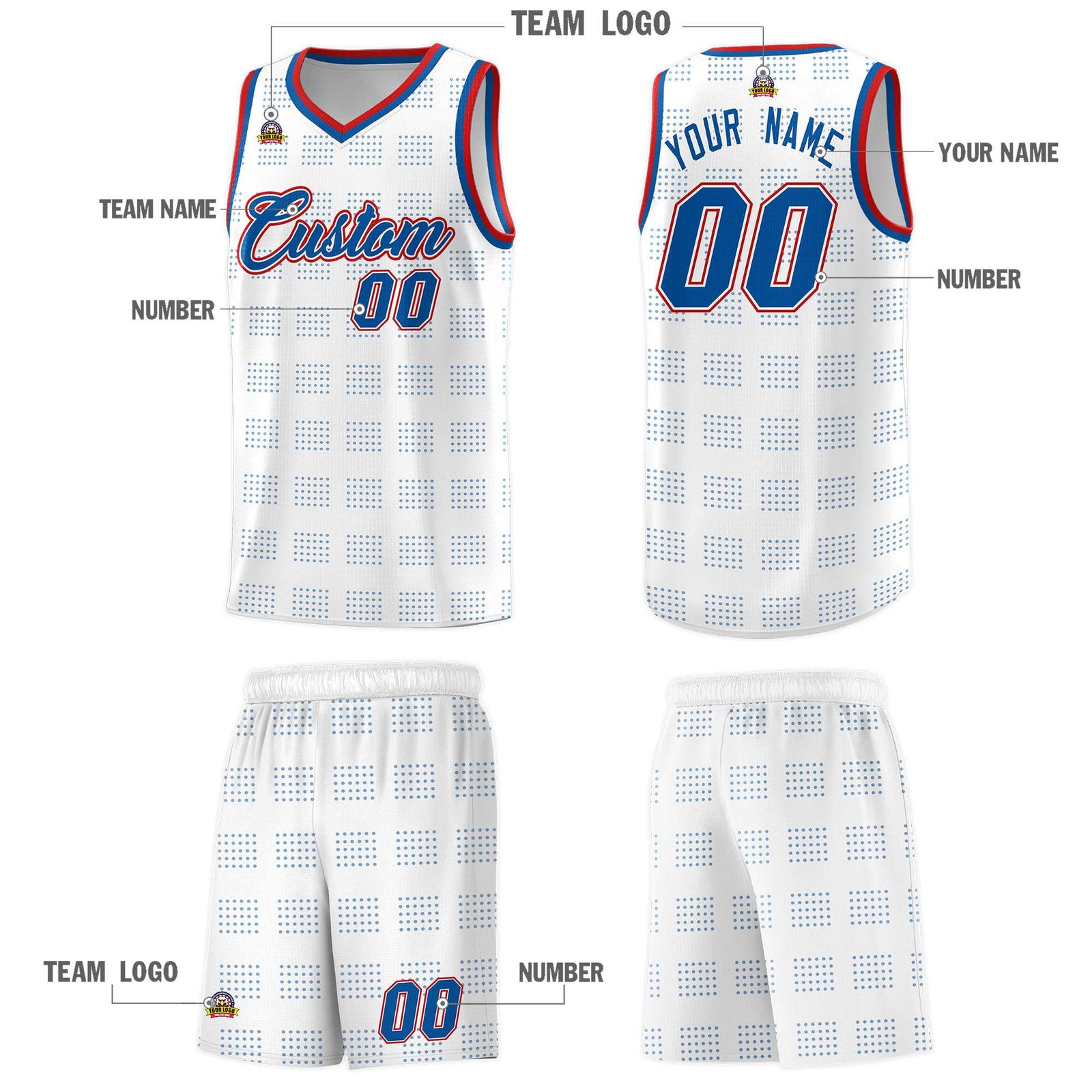 Custom White Royal Trailblazer Dot Pattern Sports Uniform Basketball Jersey