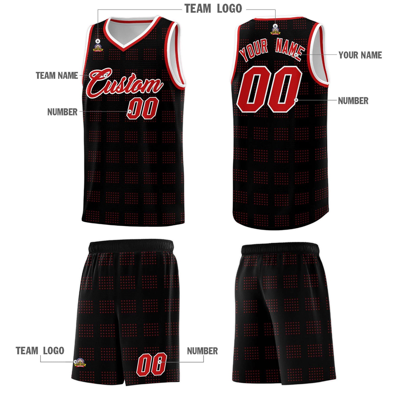 Custom Black Red Trailblazer Dot Pattern Sports Uniform Basketball Jersey
