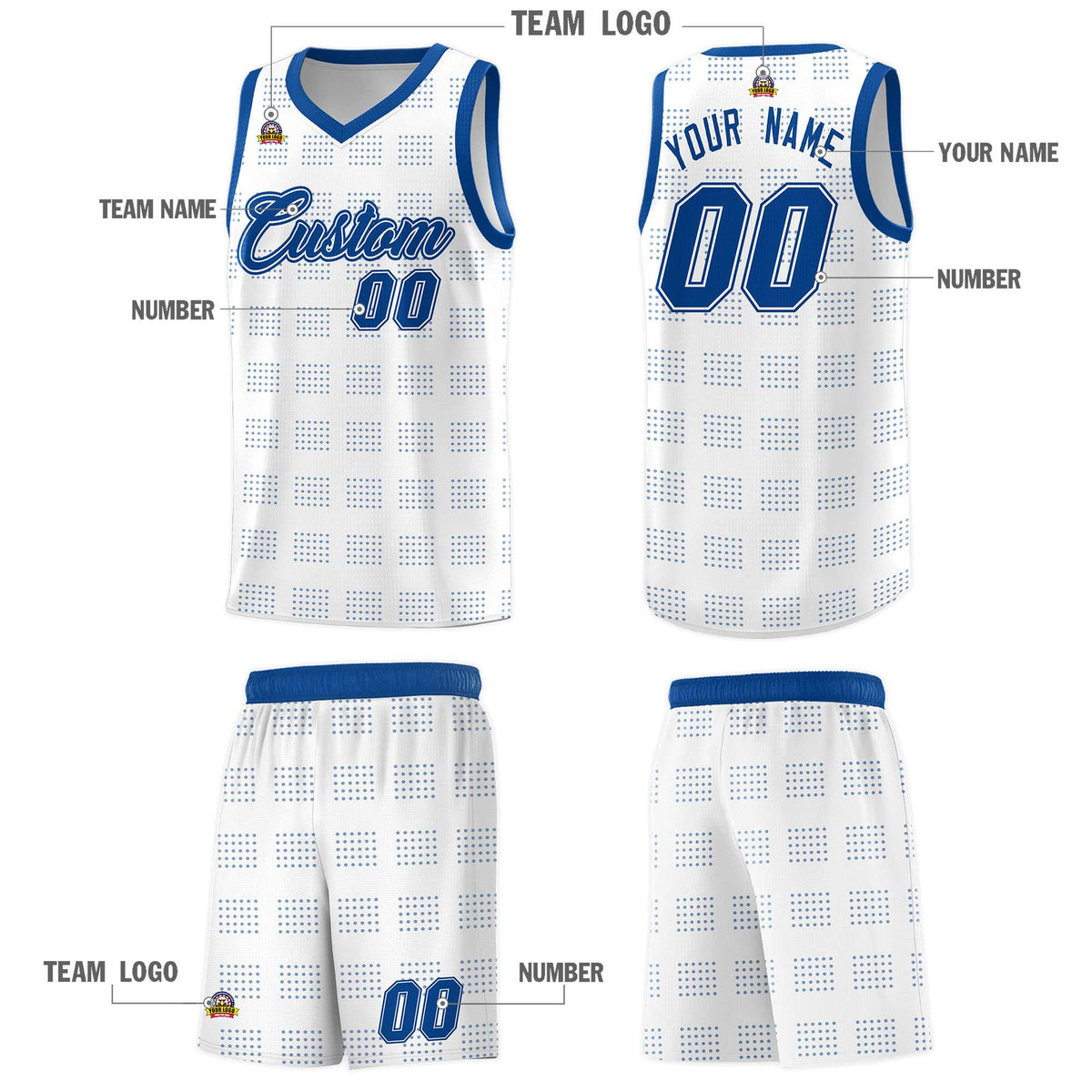Custom White Royal Trailblazer Dot Pattern Sports Uniform Basketball Jersey