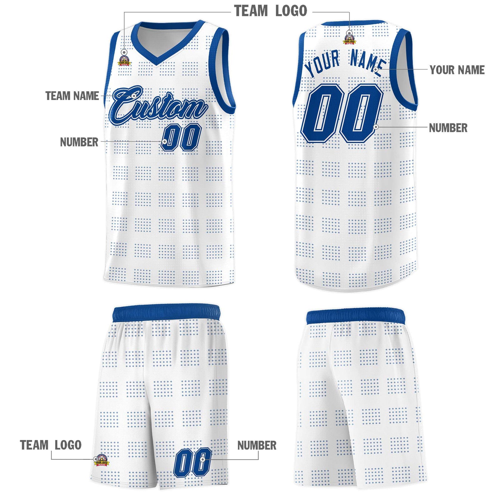 Custom White Royal Trailblazer Dot Pattern Sports Uniform Basketball Jersey