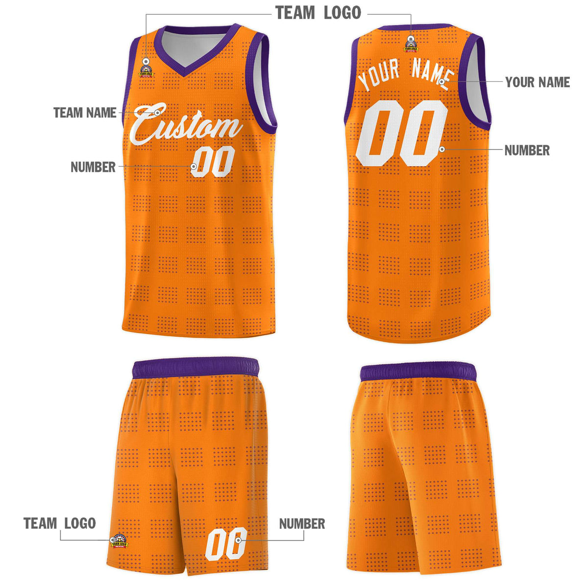 Custom Orange Purple Trailblazer Dot Pattern Sports Uniform Basketball Jersey