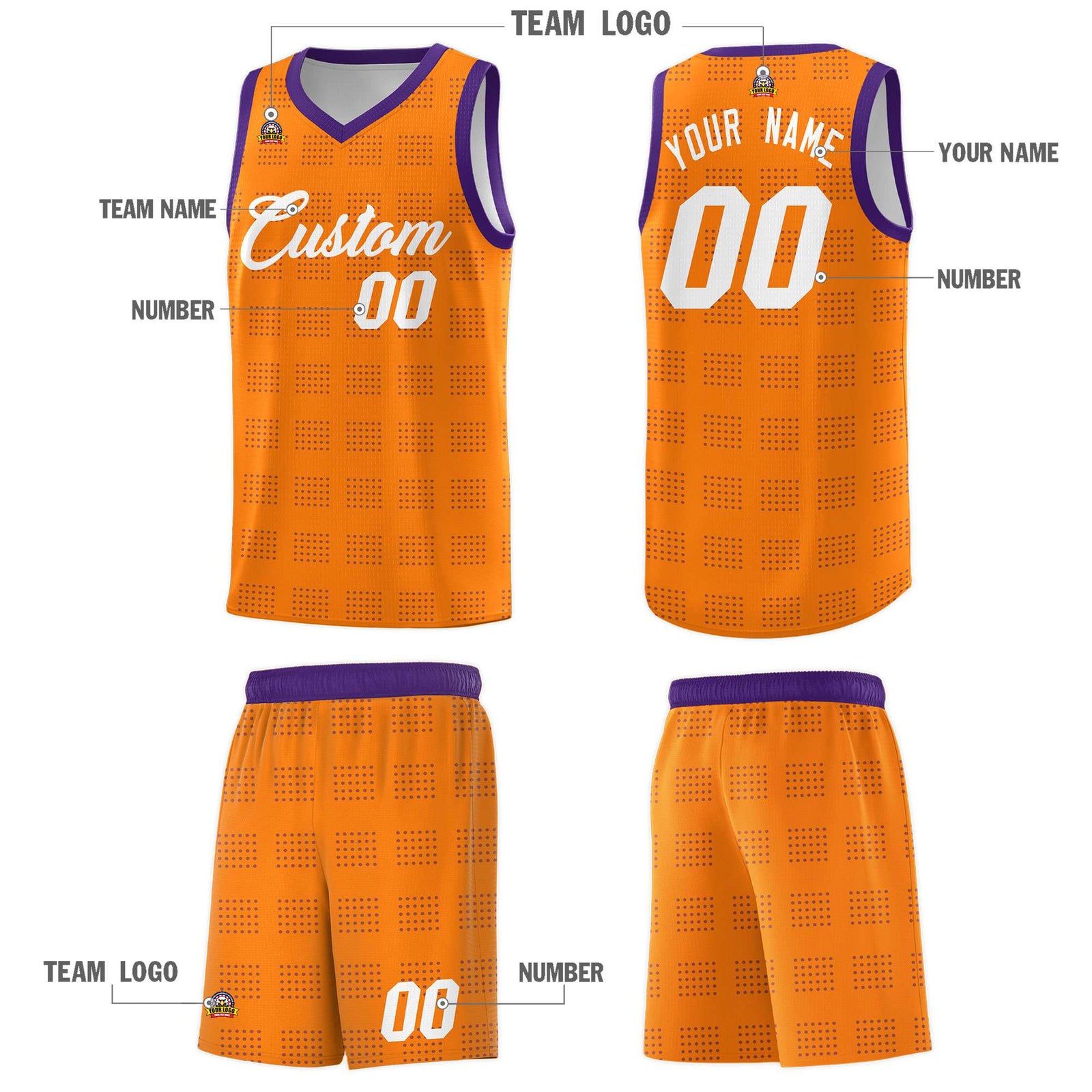 Custom Orange Purple Trailblazer Dot Pattern Sports Uniform Basketball Jersey