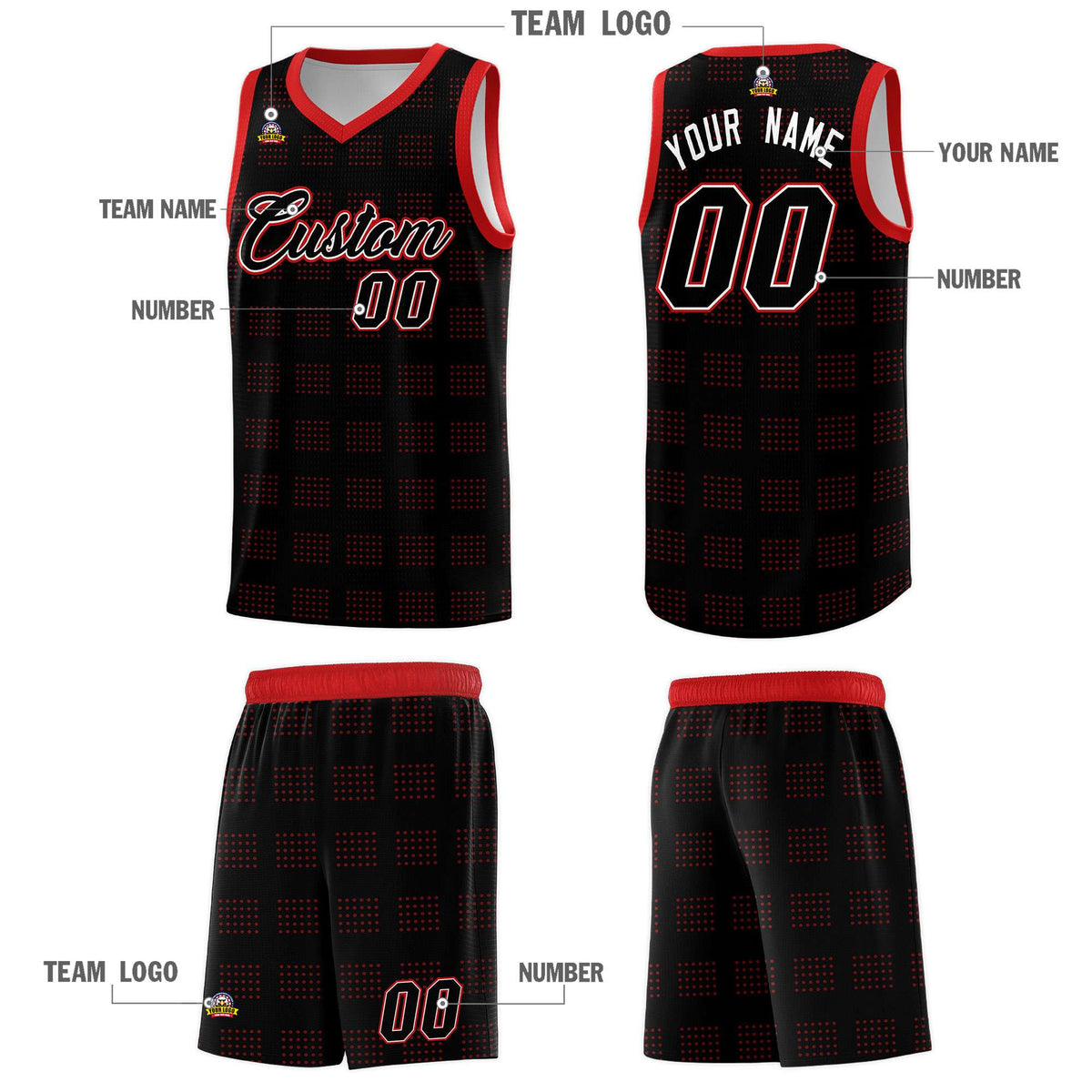 Custom Black Red Trailblazer Dot Pattern Sports Uniform Basketball Jersey