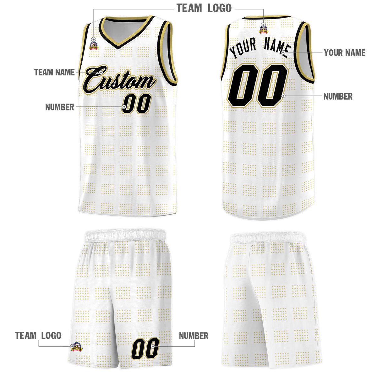 Custom White Old Gold Trailblazer Dot Pattern Sports Uniform Basketball Jersey