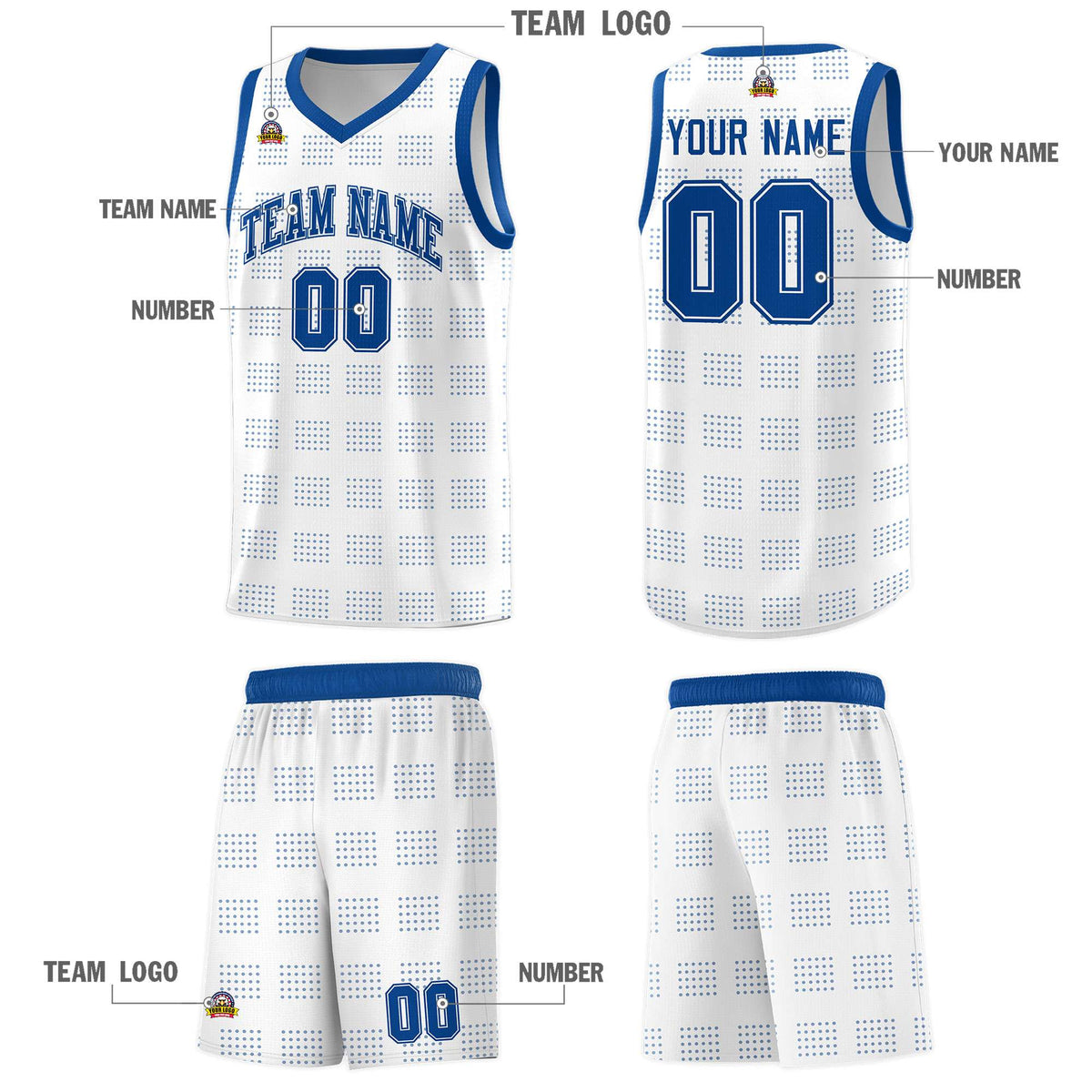 Custom White Royal Trailblazer Dot Pattern Sports Uniform Basketball Jersey