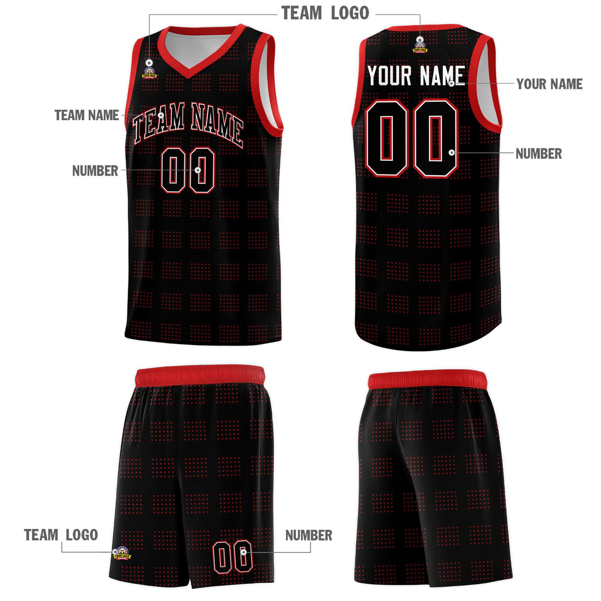 Custom Black Red Trailblazer Dot Pattern Sports Uniform Basketball Jersey