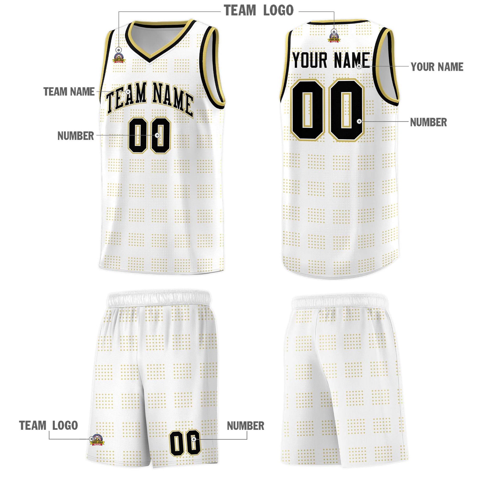 Custom White Old Gold Trailblazer Dot Pattern Sports Uniform Basketball Jersey