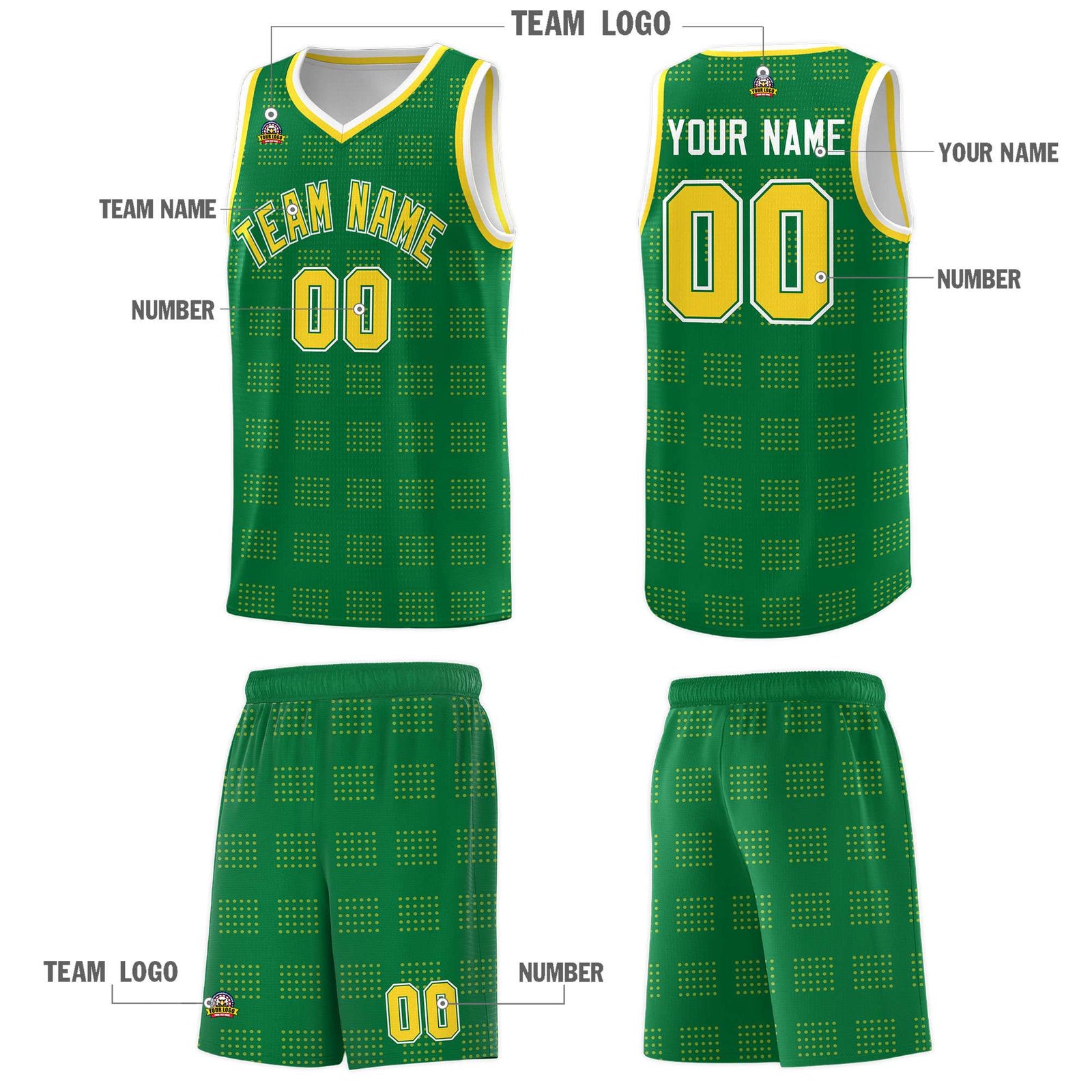 Custom Kelly Green Gold Trailblazer Dot Pattern Sports Uniform Basketball Jersey