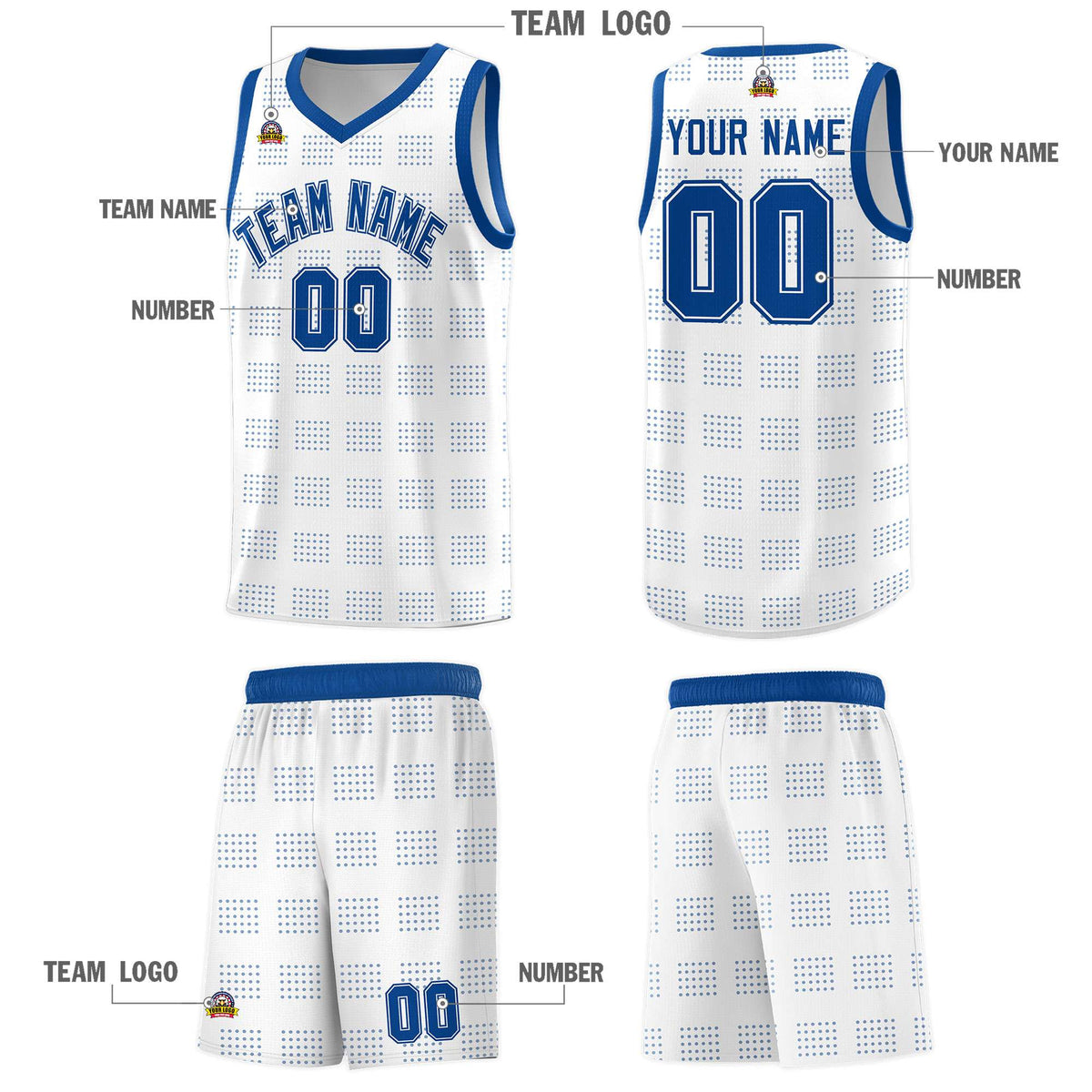 Custom White Royal Trailblazer Dot Pattern Sports Uniform Basketball Jersey
