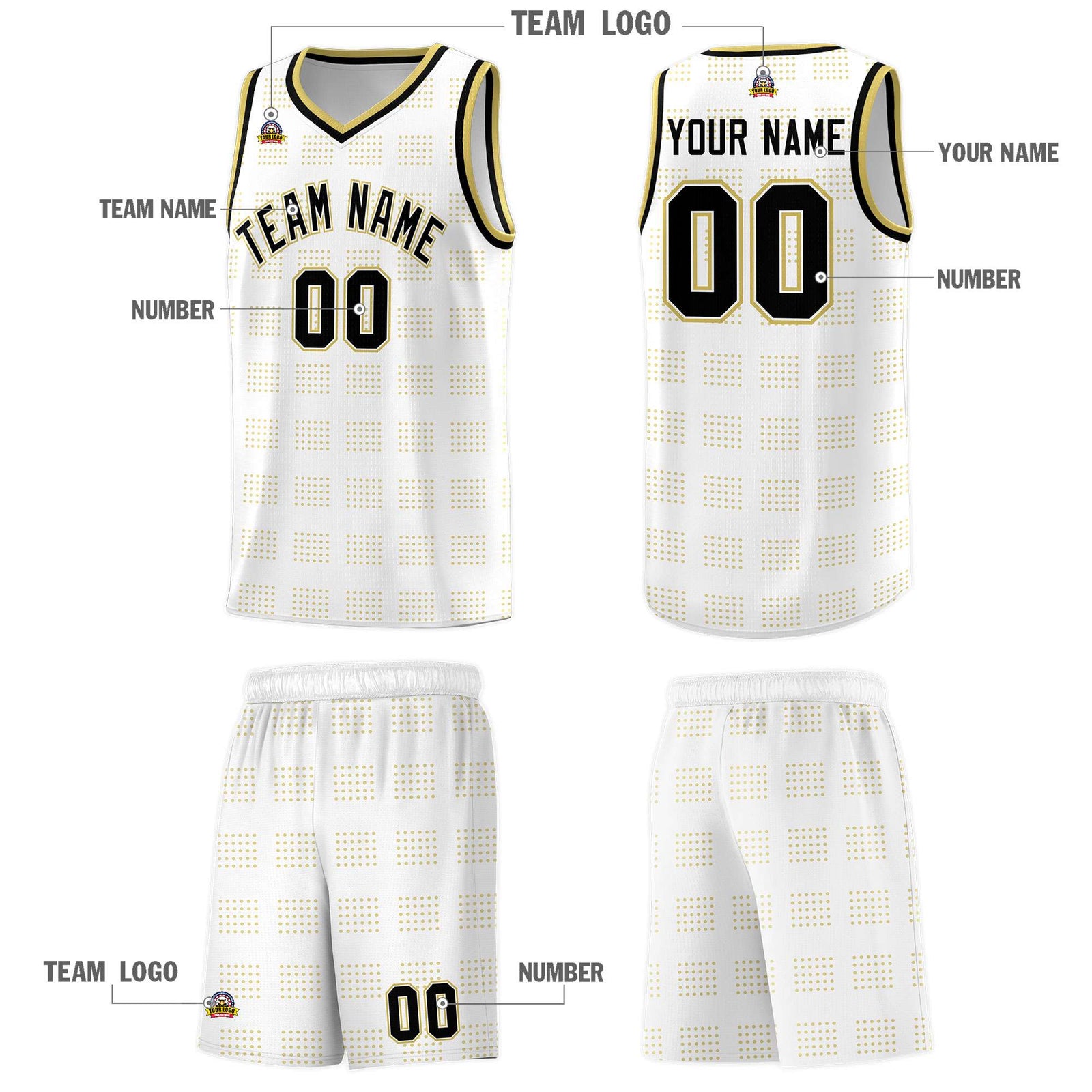 Custom White Old Gold Trailblazer Dot Pattern Sports Uniform Basketball Jersey