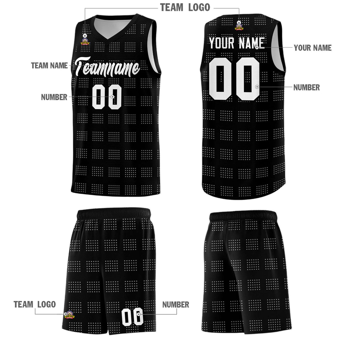 Custom Black White Trailblazer Dot Pattern Sports Uniform Basketball Jersey