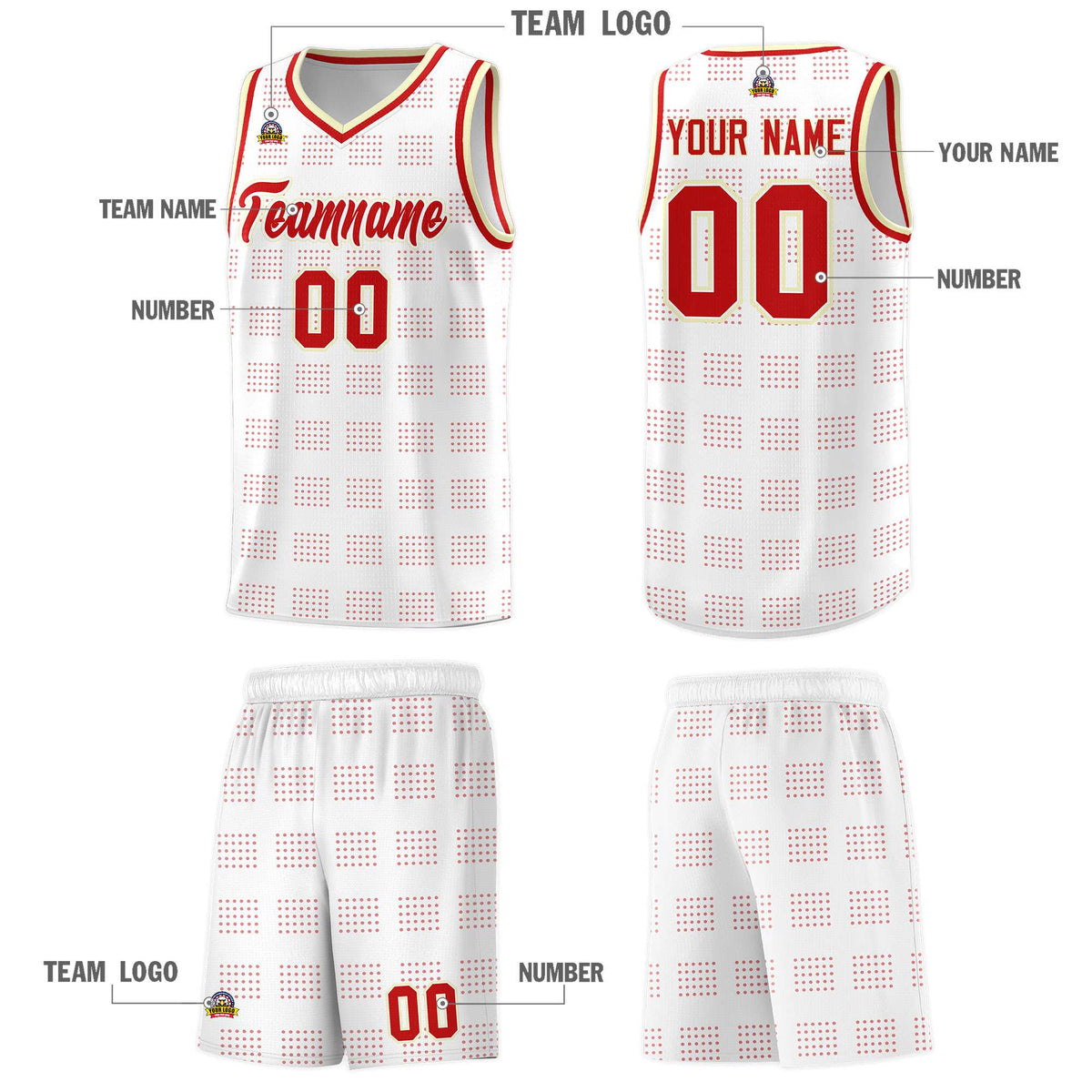Custom White Red Trailblazer Dot Pattern Sports Uniform Basketball Jersey