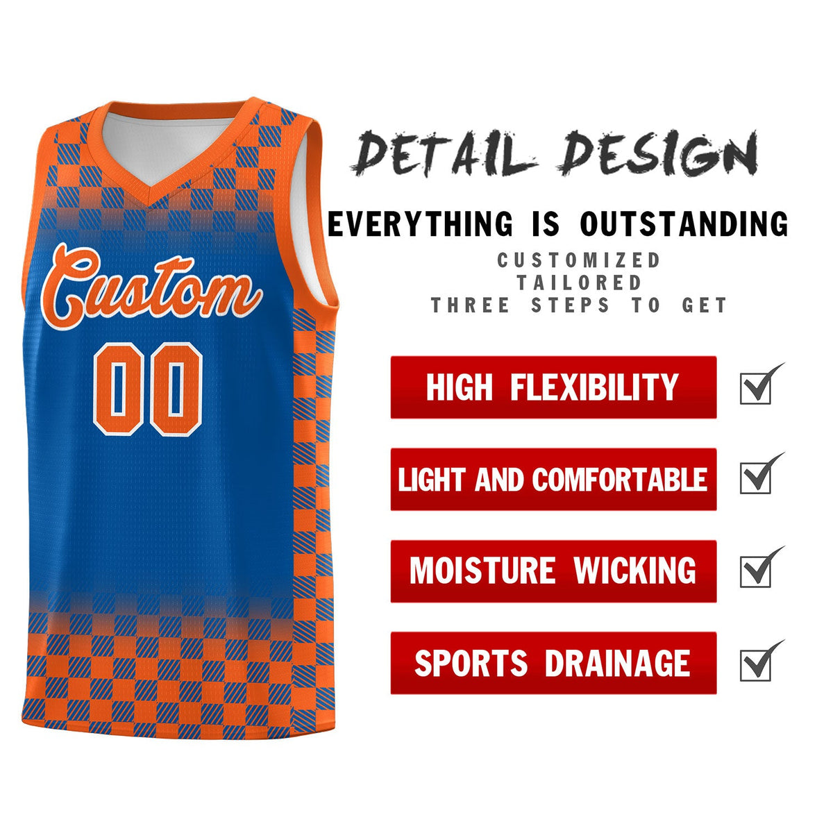 Custom Royal Orange Classic Plaid Pattern Sports Uniform Basketball Jersey
